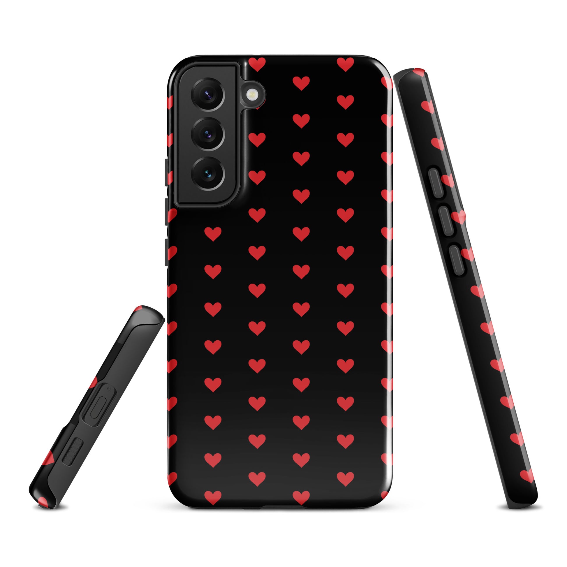 Phone Case for Samsung Galaxy with fiery red hearts on a black background, offering stylish protection and modern design.
