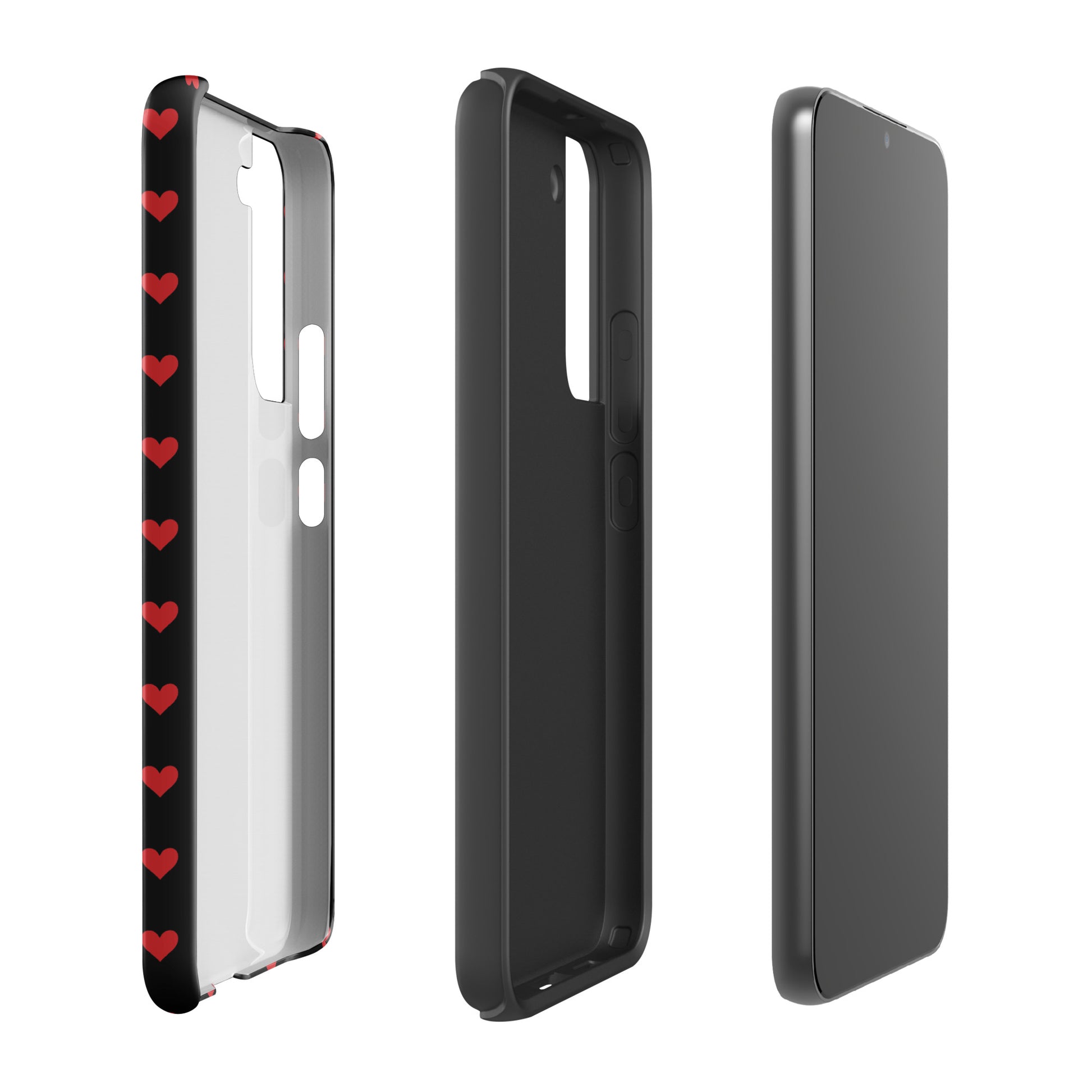 Phone Case for Samsung Galaxy with fiery red hearts design, showing side and back views, offering luxury aesthetics and protection.