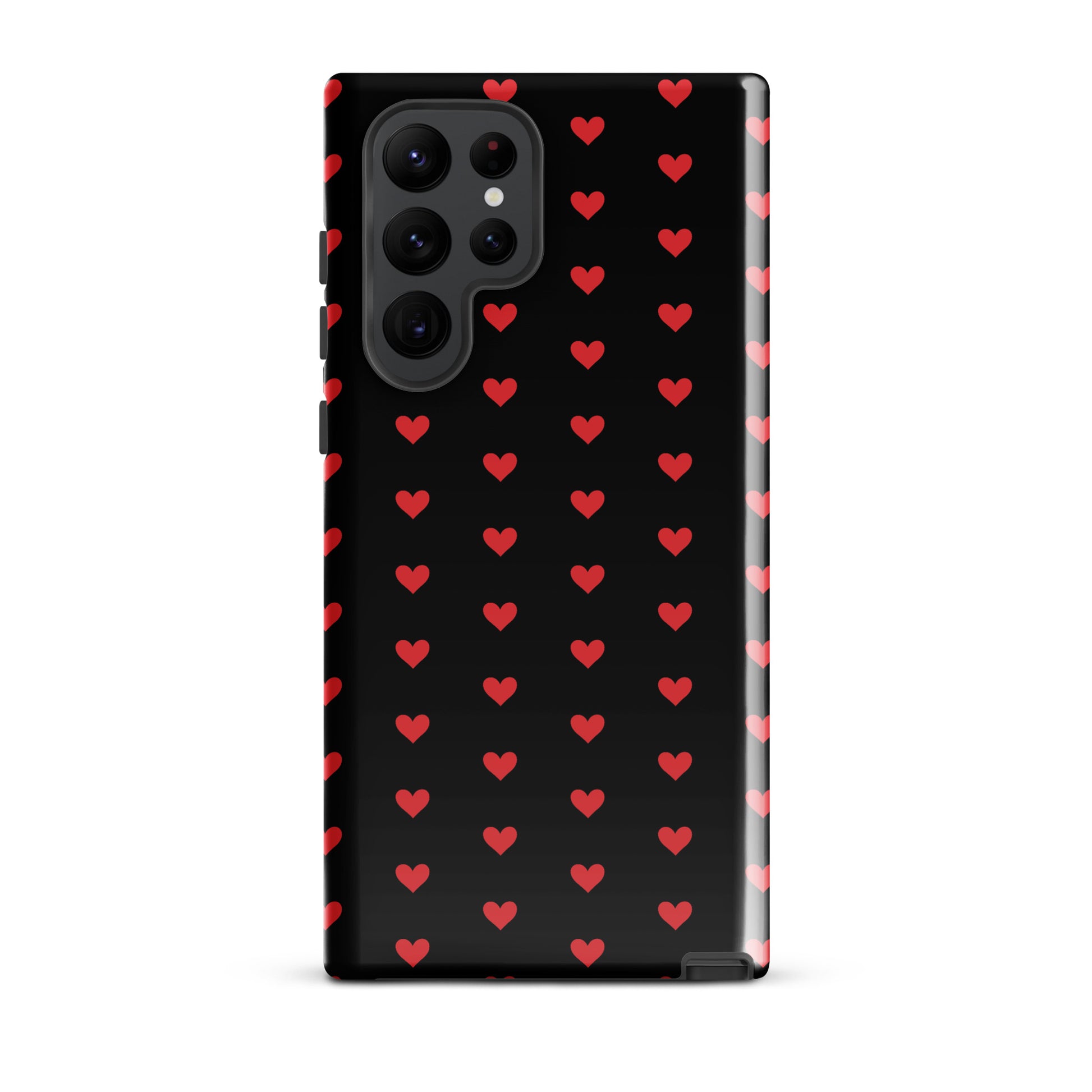 Phone Case for Samsung Galaxy with fiery red hearts on black background, luxury protection, bold design, durable for everyday use.
