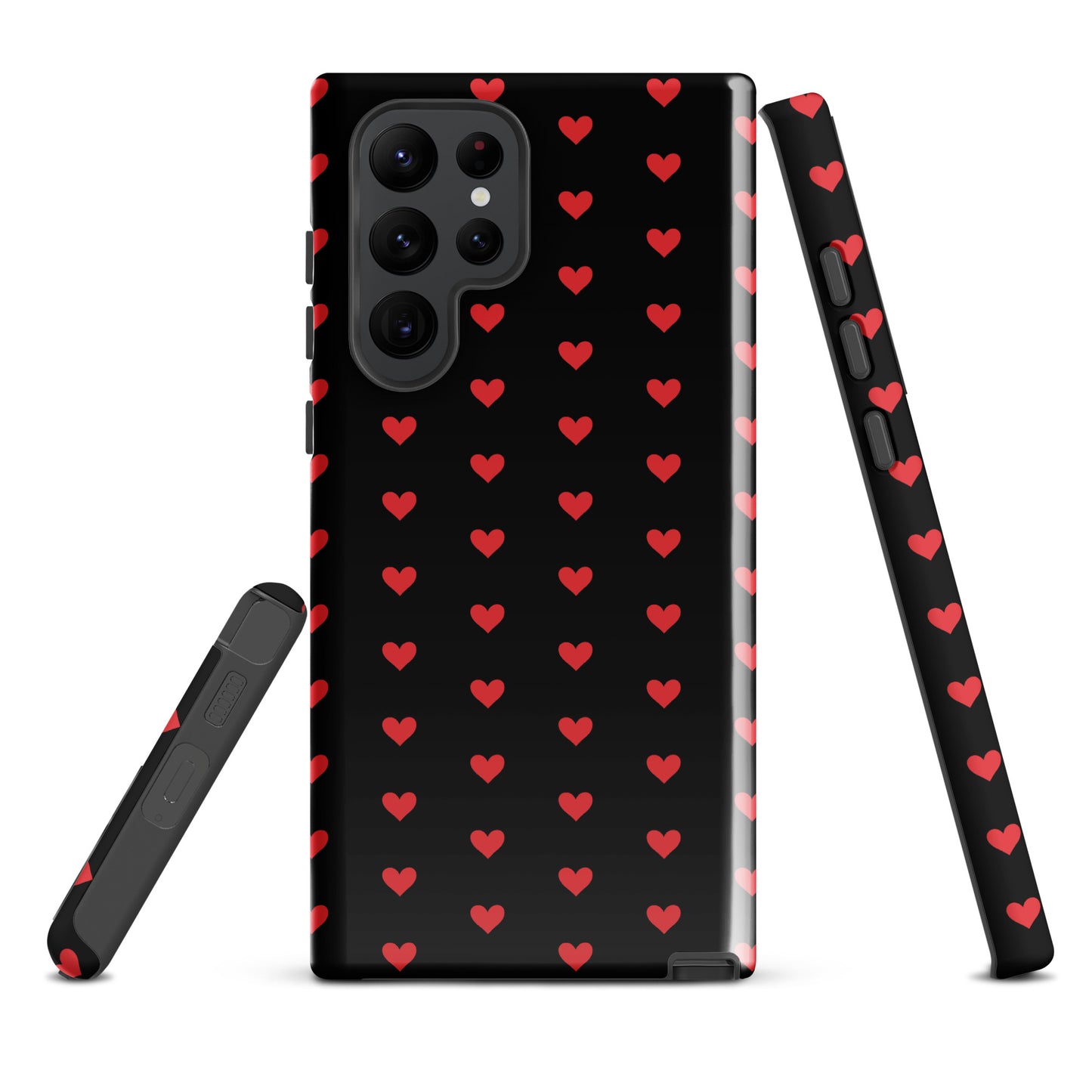 Phone Case for Samsung Galaxy with fiery red hearts pattern, black backdrop, luxury design, and elevated protection.