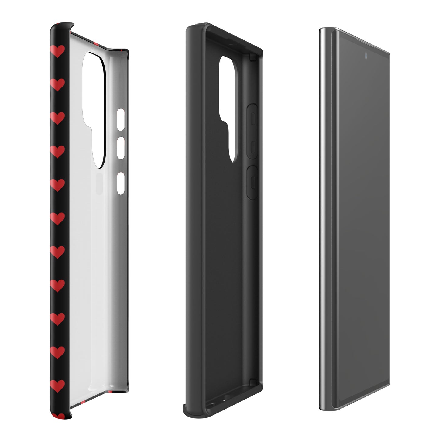 Phone Case for Samsung Galaxy with fiery red hearts design on black background, shown in multiple angles for style and protection.