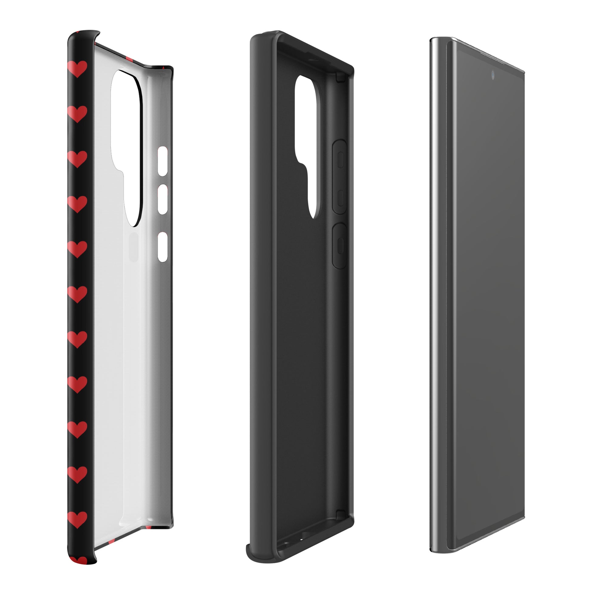 Phone Case for Samsung Galaxy with fiery red hearts design on black background, shown in multiple angles for style and protection.