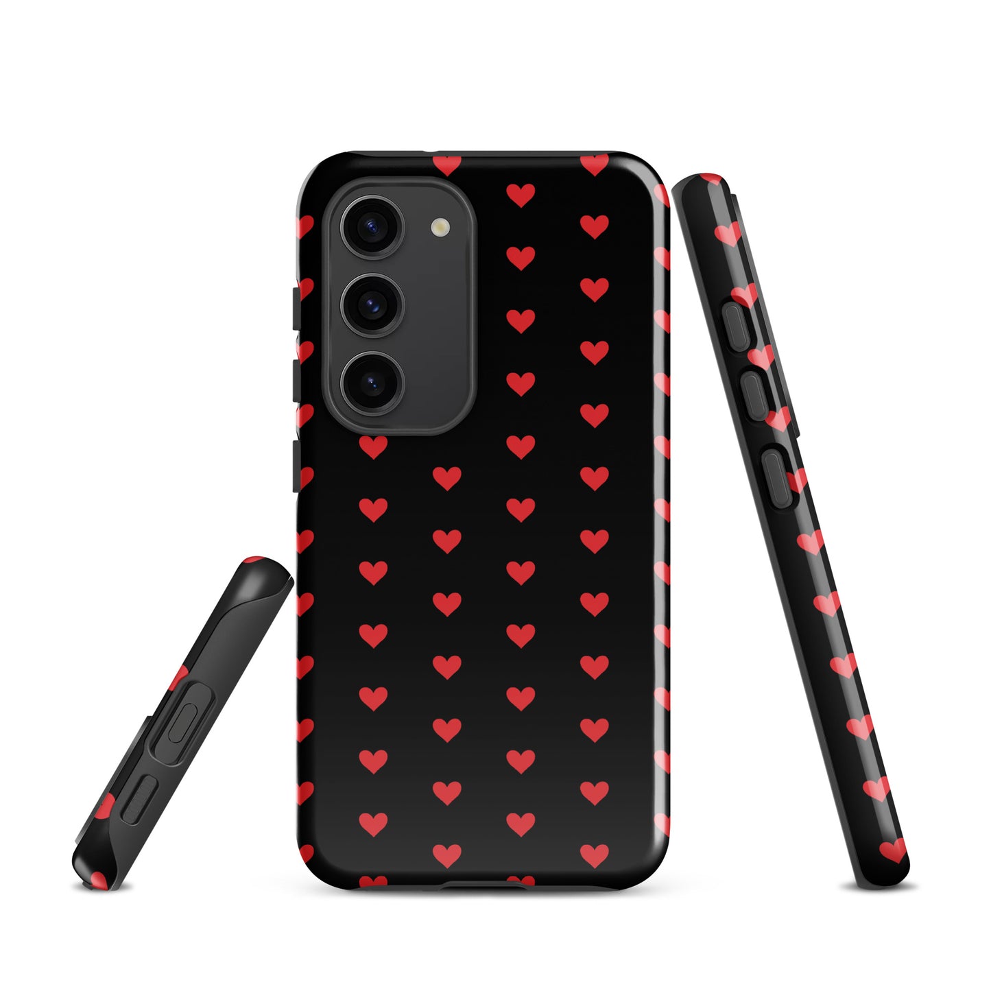 Phone Case for Samsung Galaxy with fiery red hearts pattern on black background, offering modern and durable protection.