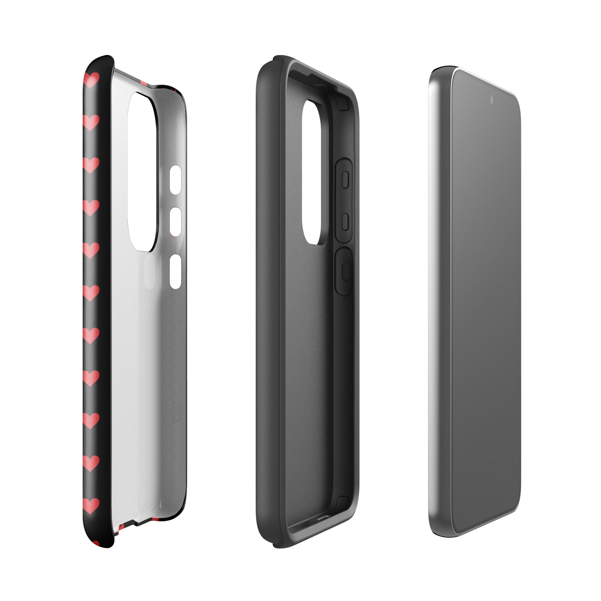 Phone Case for Samsung Galaxy with Fiery Red Hearts, showcasing luxurious design and durable protection in bold black and red colors.