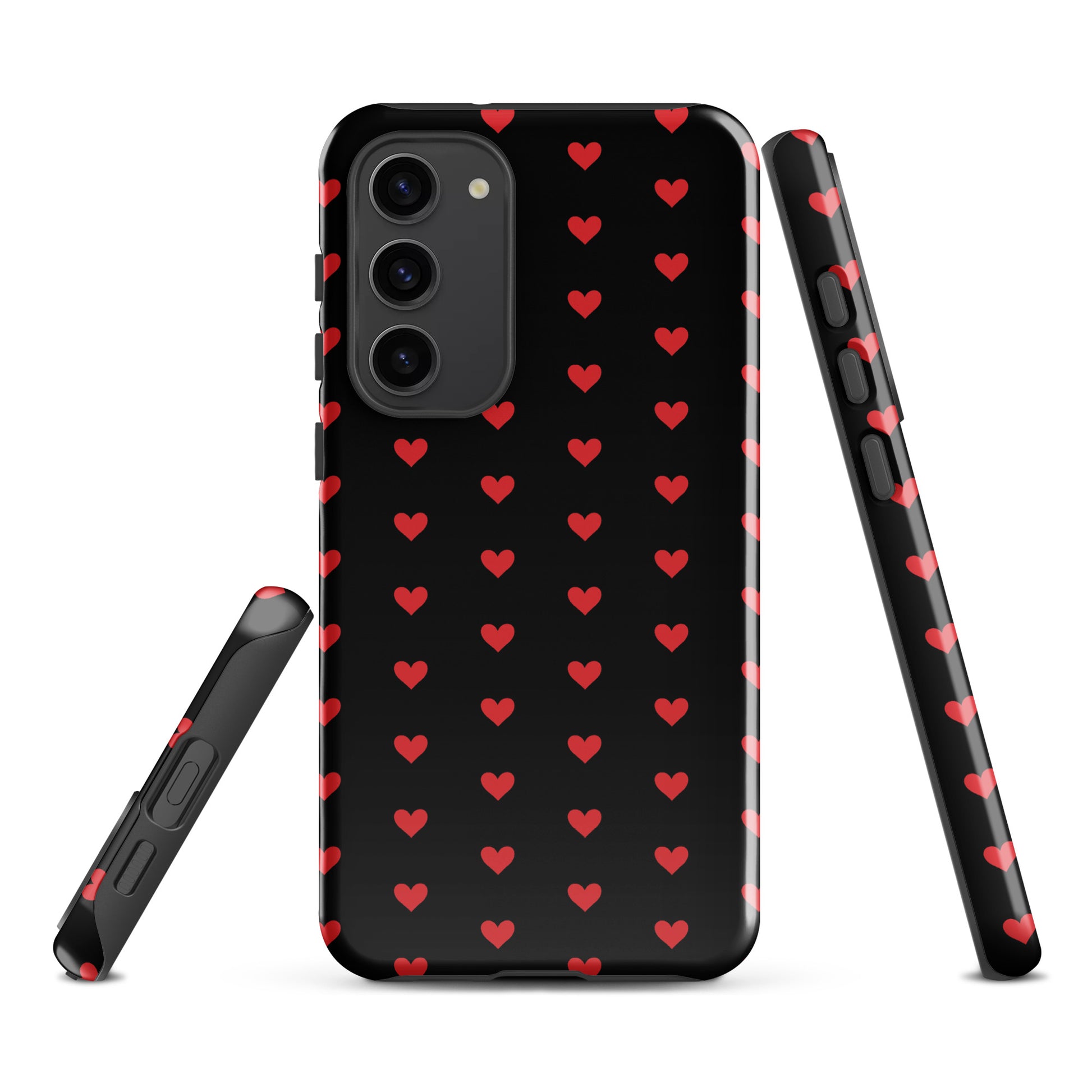 Phone Case for Samsung Galaxy with fiery red hearts on a black background, offering a blend of style and protection for your device.