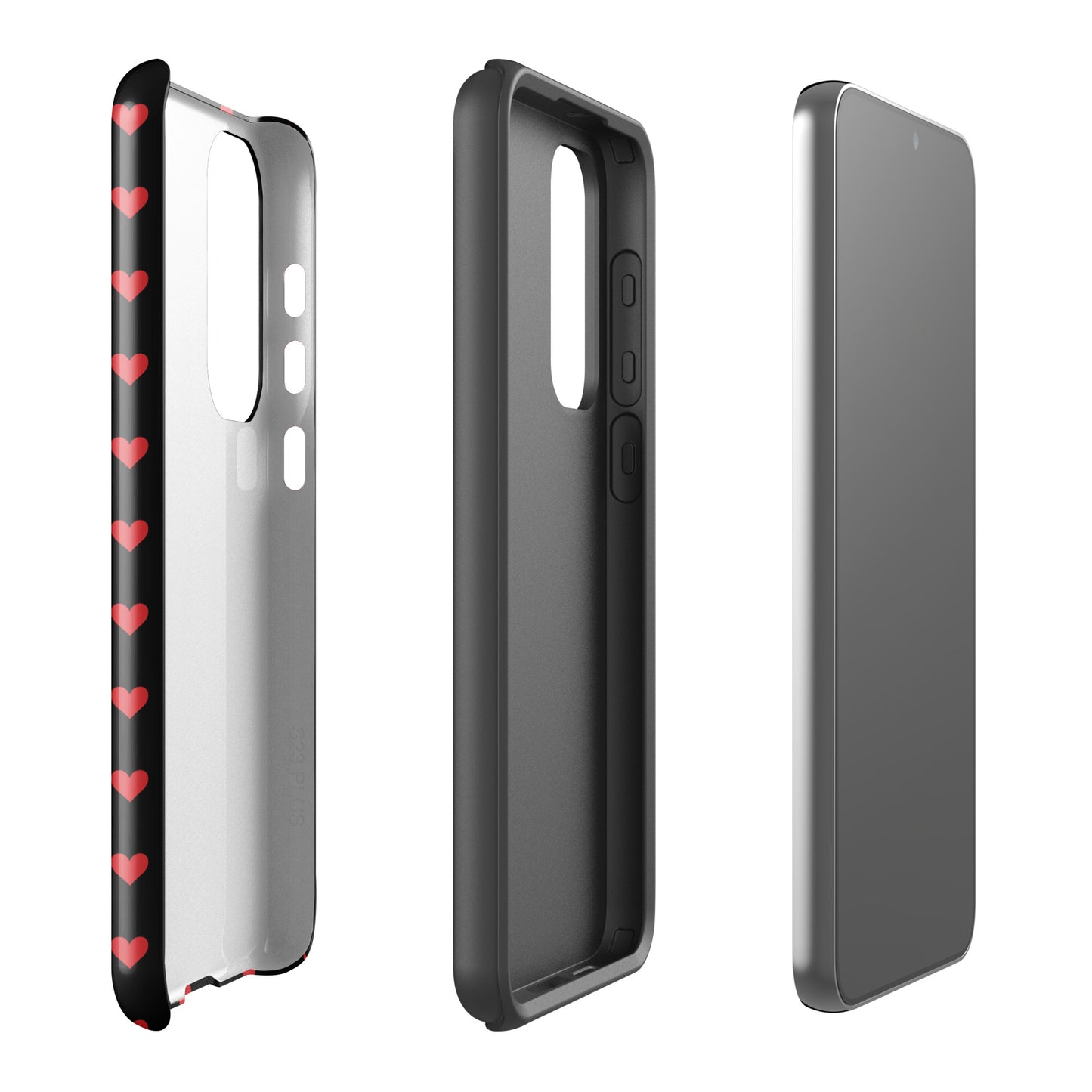 Phone Case for Samsung Galaxy with fiery red hearts pattern on black, showcasing luxury design and durability.