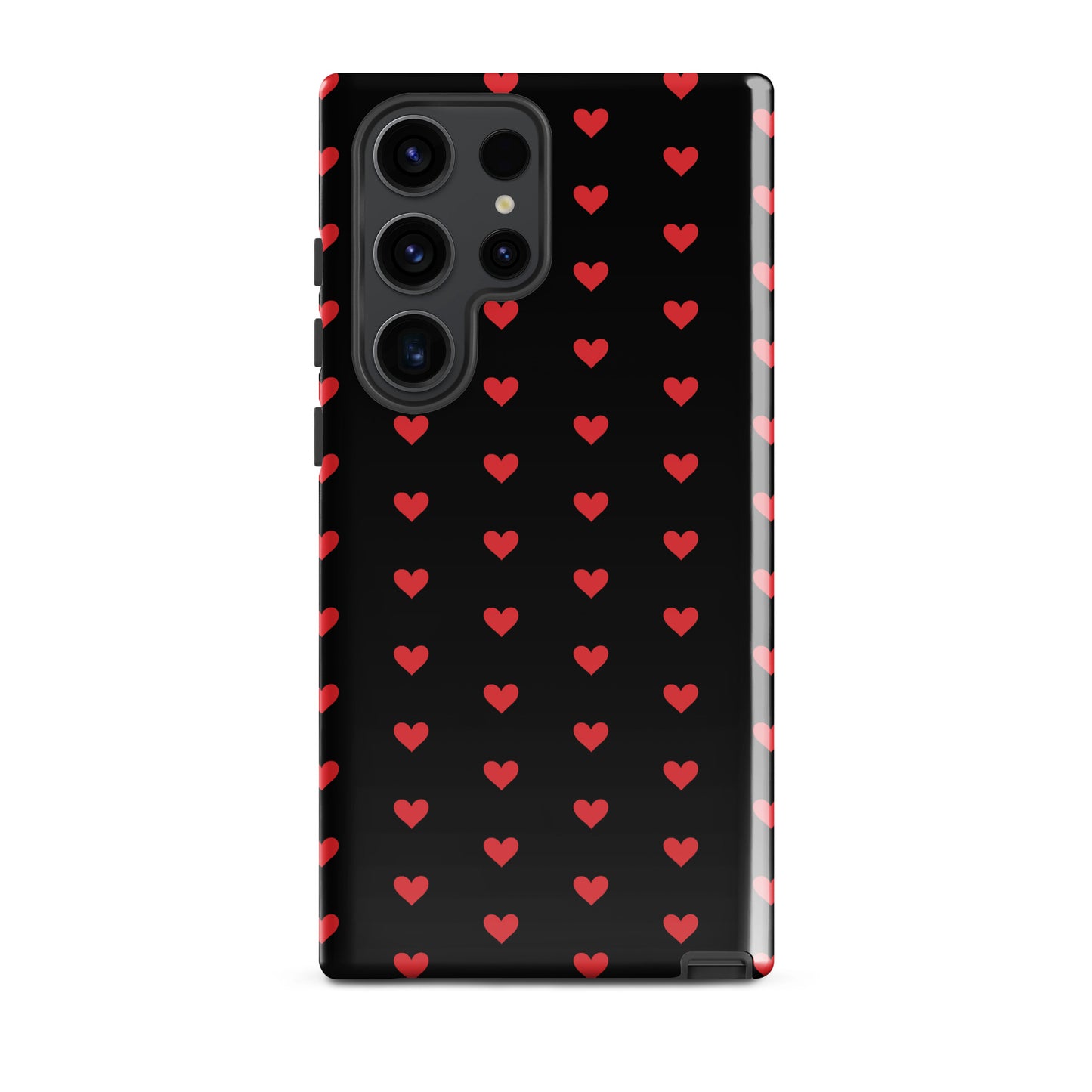 Phone Case for Samsung Galaxy with fiery red hearts on black background, luxury durable design, modern elegant protection
