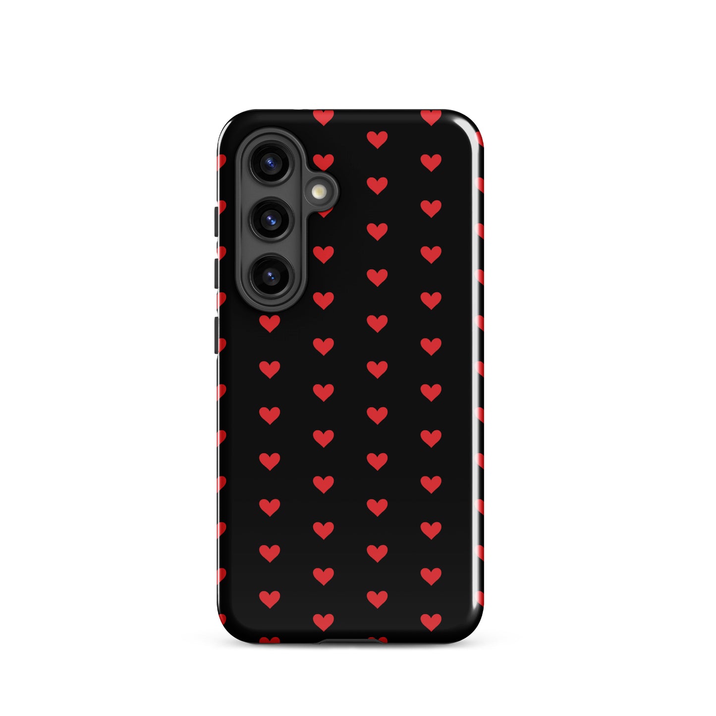 Phone Case for Samsung Galaxy with fiery red hearts on black background, combining luxury design with robust protection.
