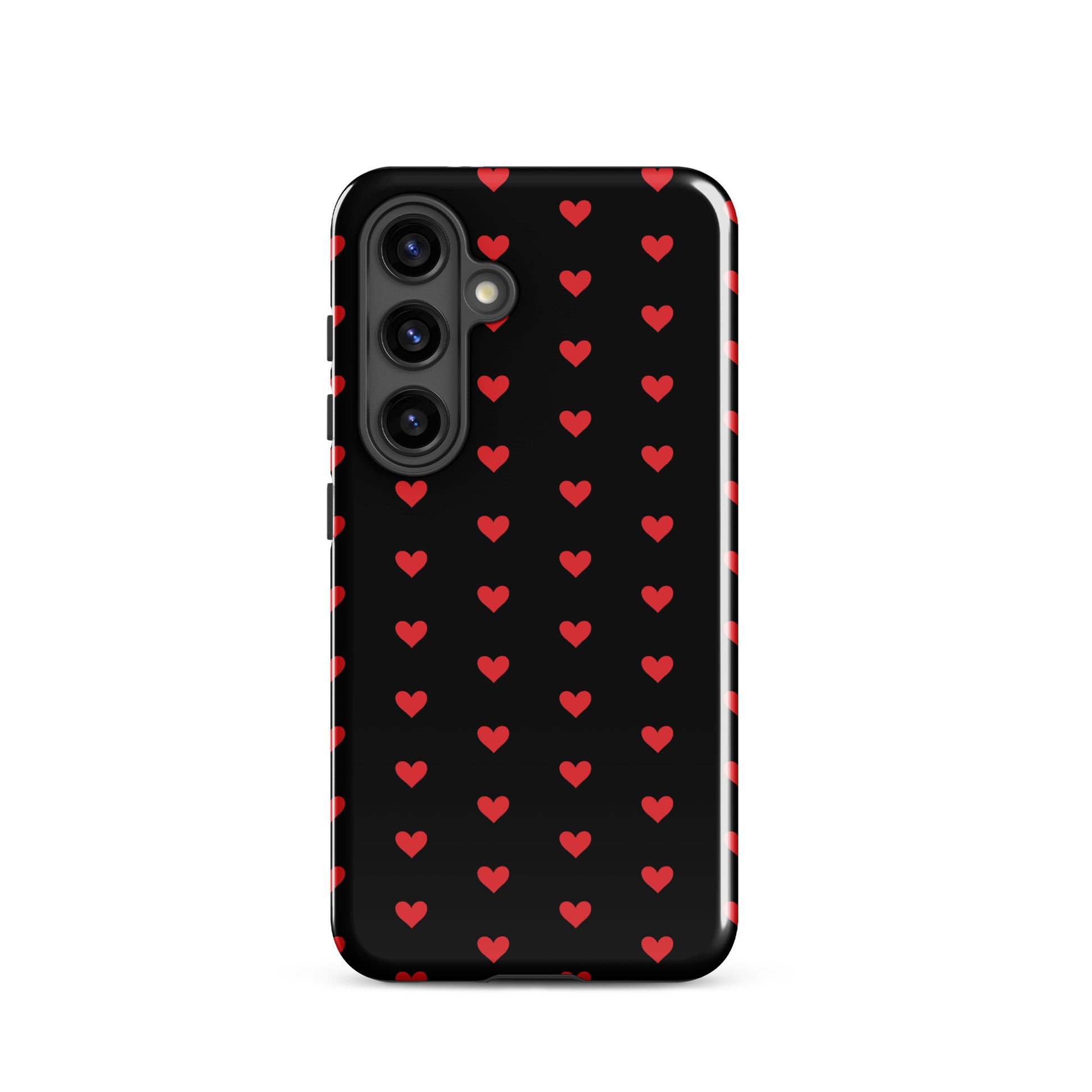 Phone Case for Samsung Galaxy with fiery red hearts on black background, combining luxury design with robust protection.