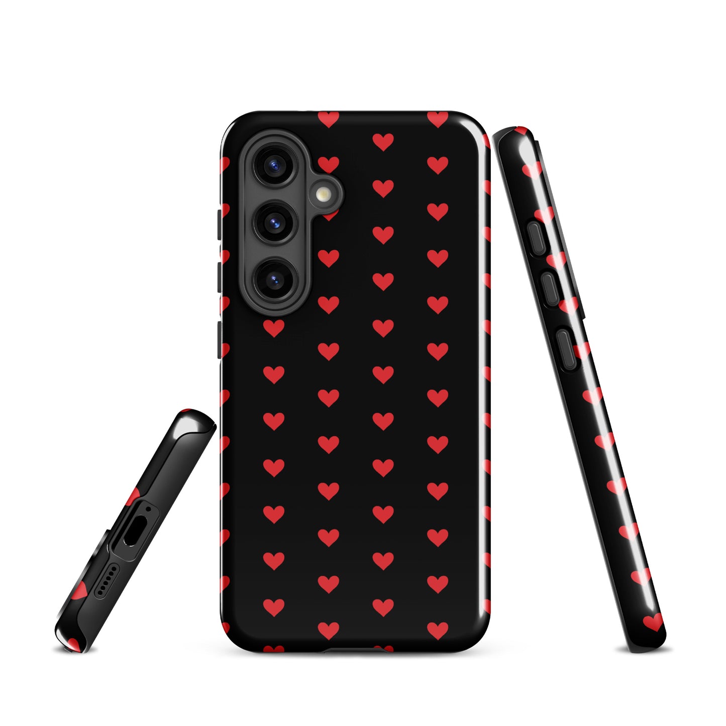 Phone Case for Samsung Galaxy with fiery red hearts pattern on black background, offering stylish protection and luxury design.