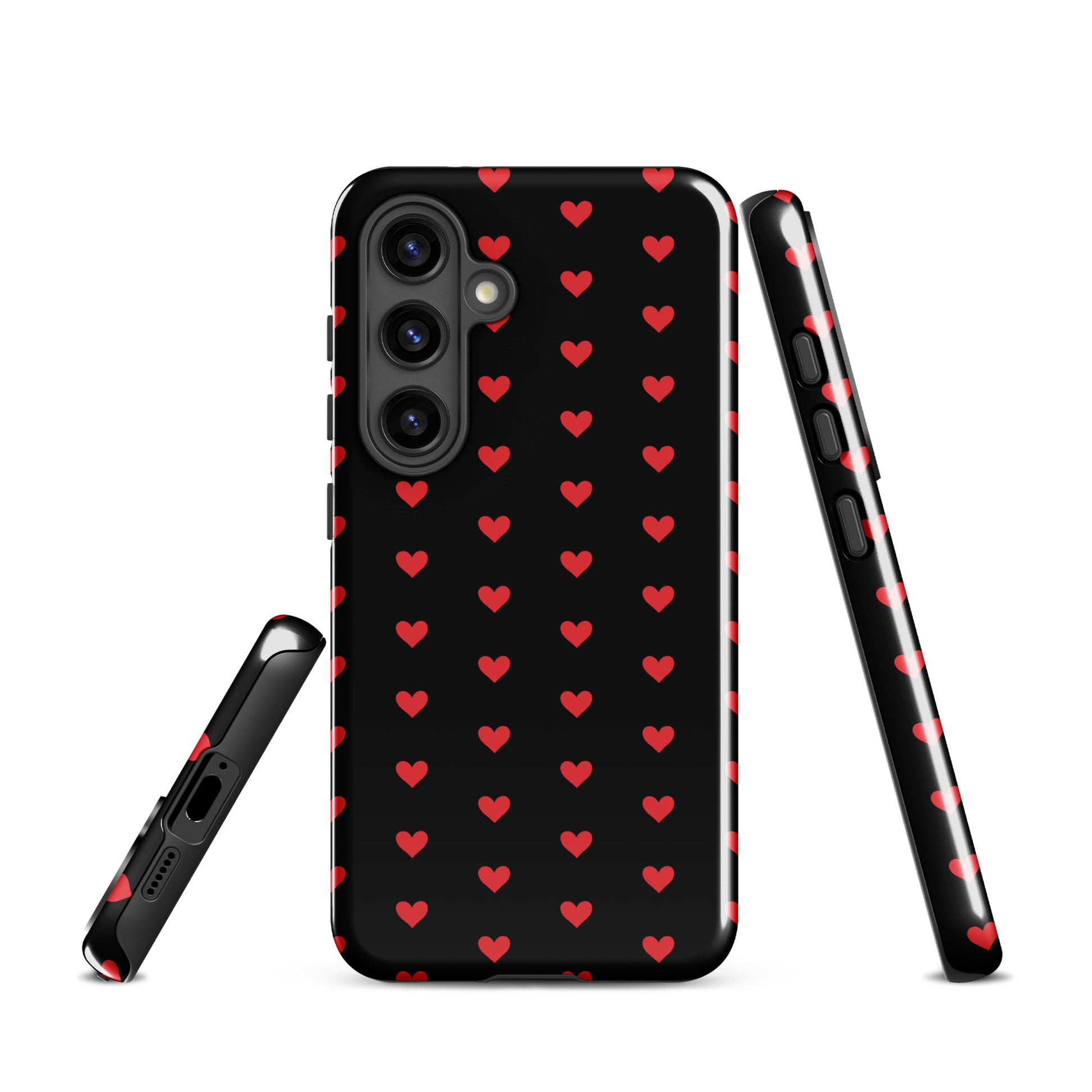 Phone Case for Samsung Galaxy with fiery red hearts pattern on black background, offering stylish protection and luxury design.