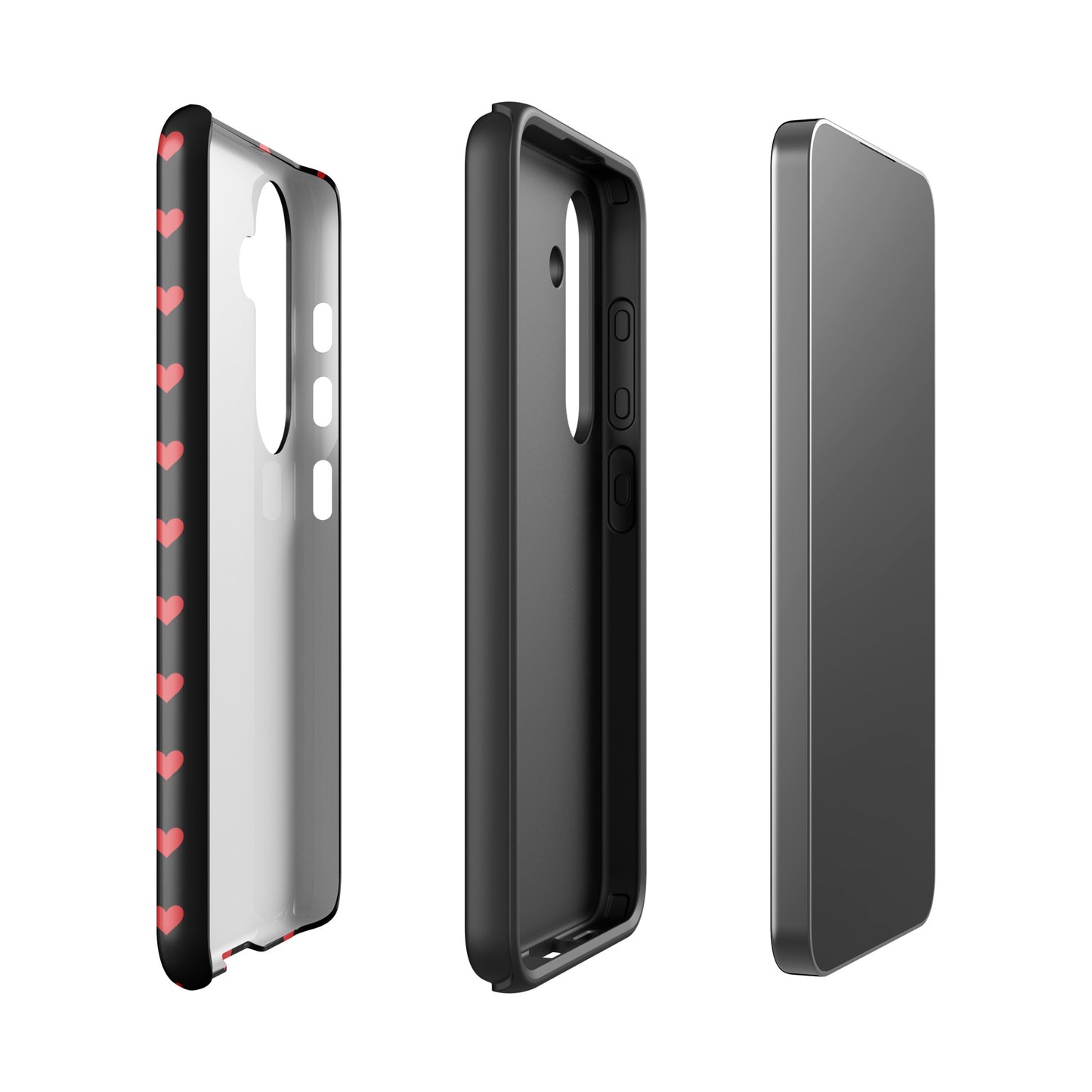 Phone Case for Samsung Galaxy with fiery red hearts pattern and black backdrop showcasing bold design and durable protection.