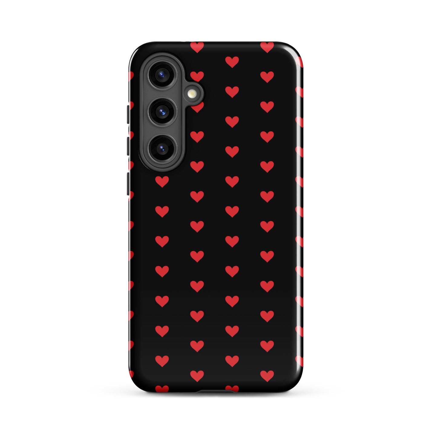 Phone Case for Samsung Galaxy with fiery red hearts design on black background, offering luxury aesthetics and durability.