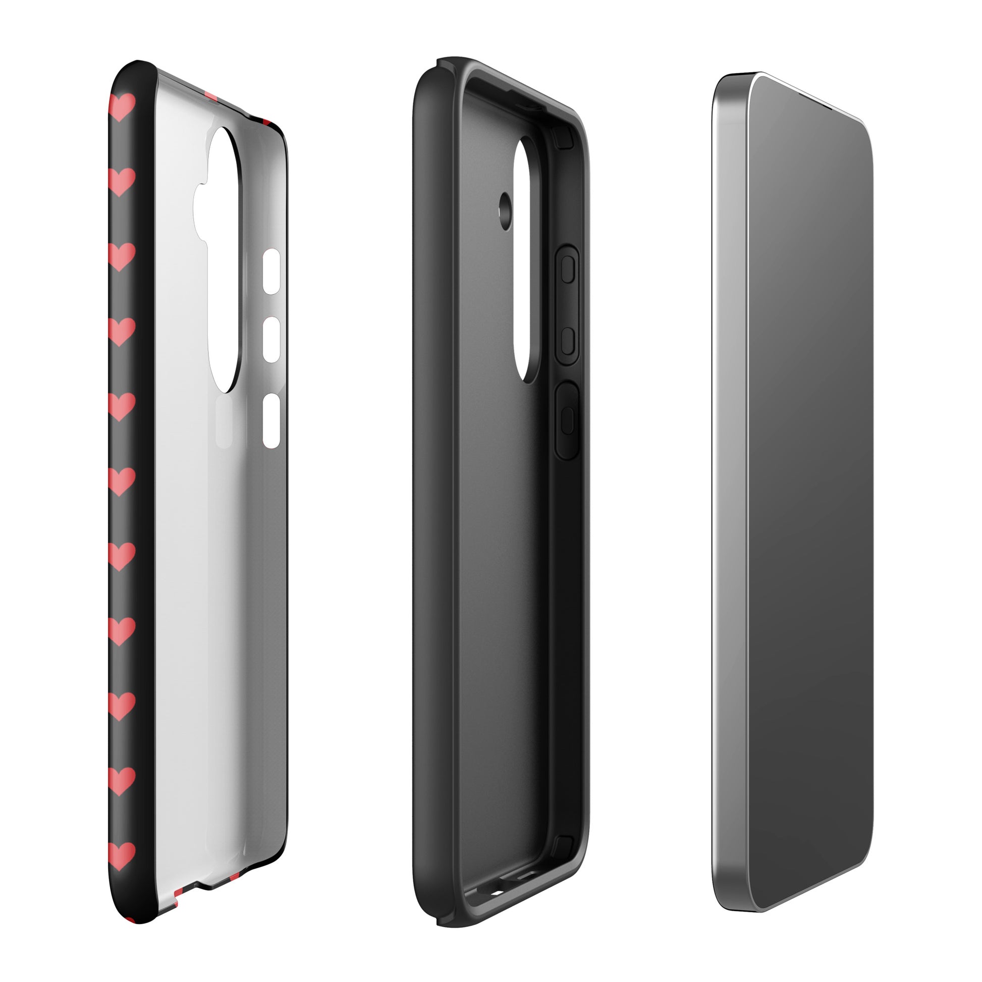 Phone Case for Samsung Galaxy with fiery red hearts design on black background, showcasing luxurious and durable protection.