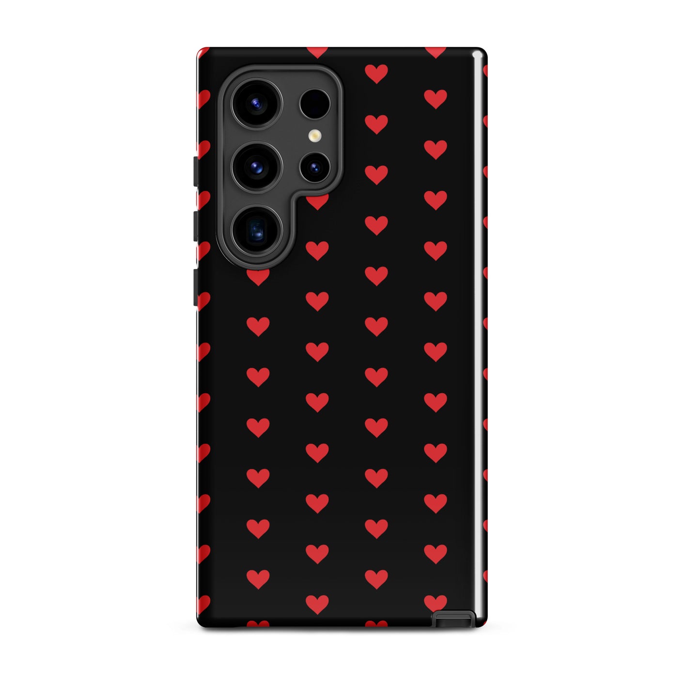 Phone Case for Samsung Galaxy with fiery red hearts on black background, offering stylish protection and modern design.