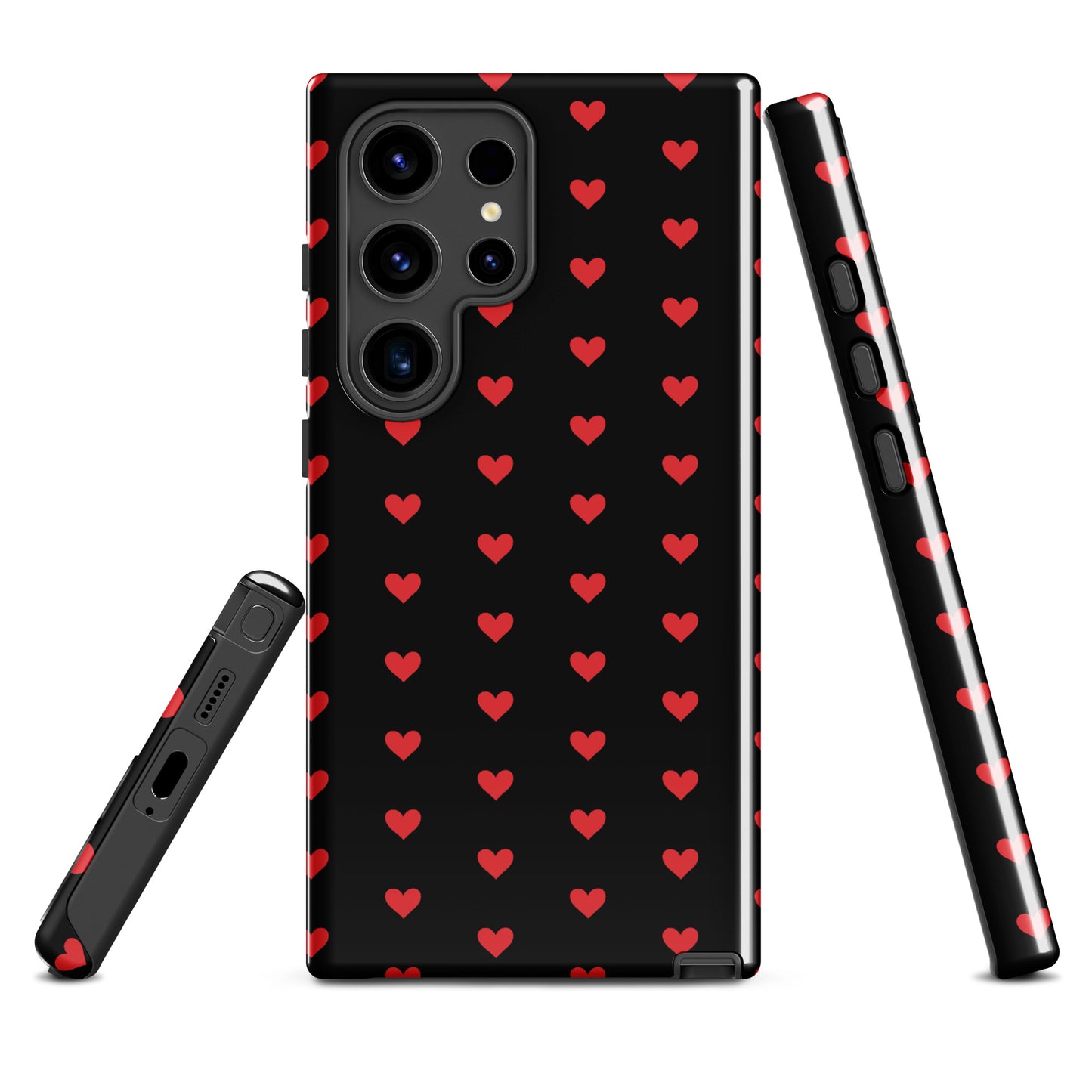 Phone Case for Samsung Galaxy with fiery red hearts on black, luxury design with premium protection.