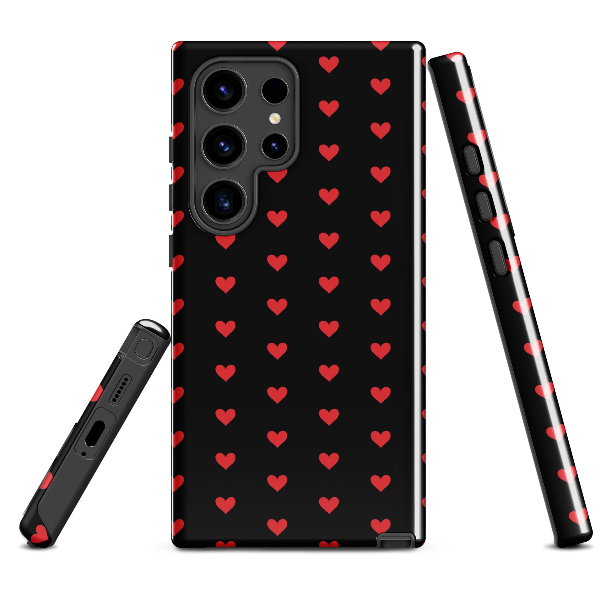 Phone Case for Samsung Galaxy with fiery red hearts on black, luxury design with premium protection.