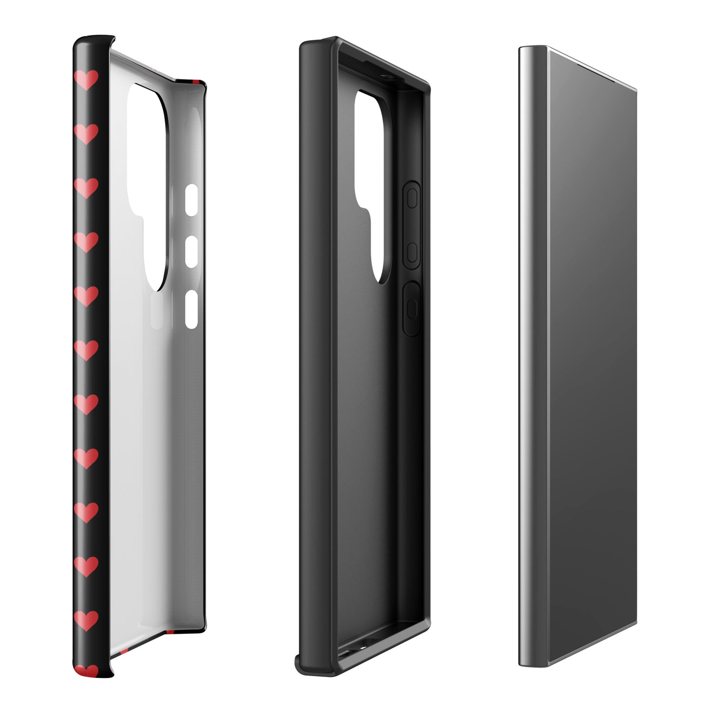 Phone Case for Samsung Galaxy with Fiery Red Hearts, luxury design with black backdrop, showing enhanced protection features.