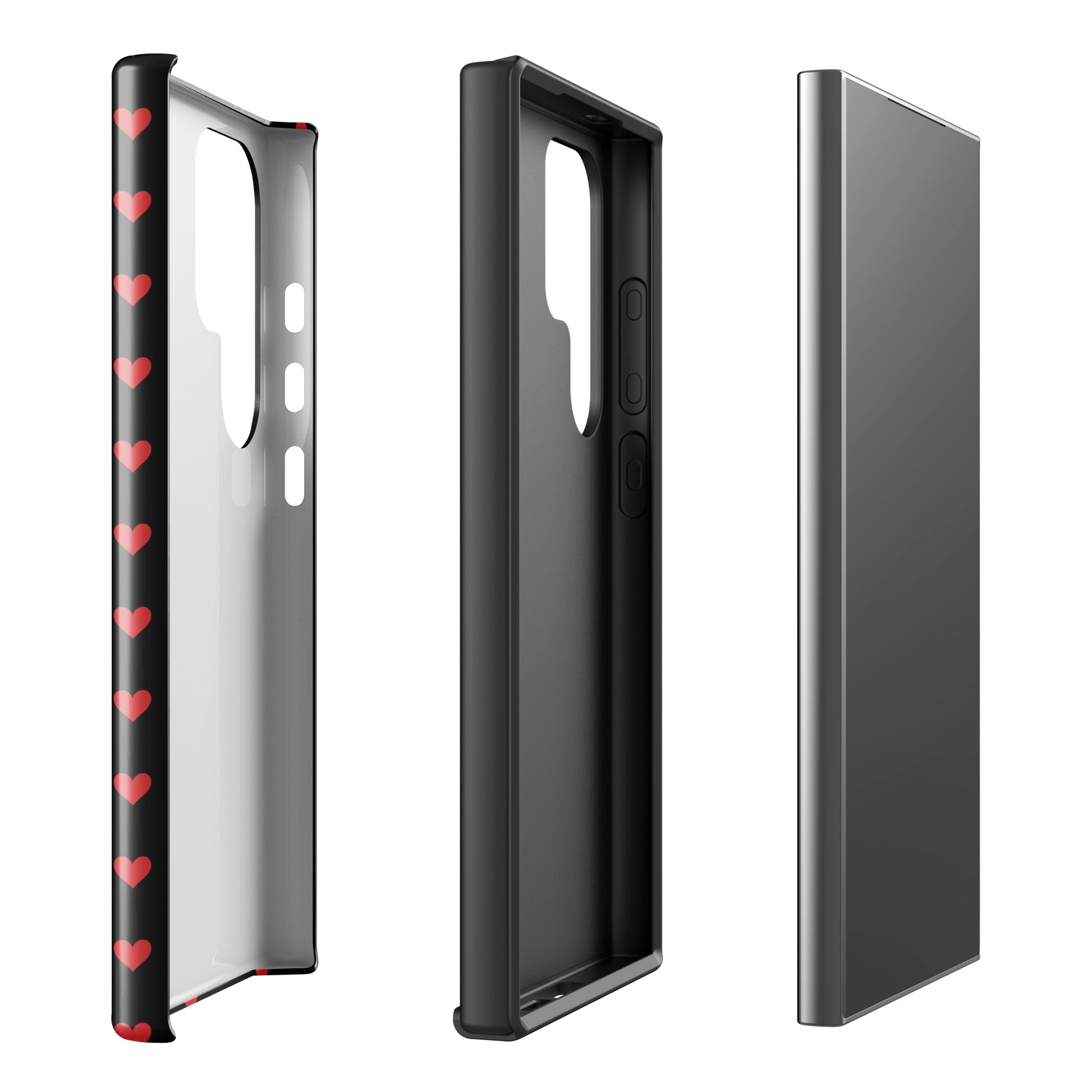 Phone Case for Samsung Galaxy with Fiery Red Hearts, luxury design with black backdrop, showing enhanced protection features.