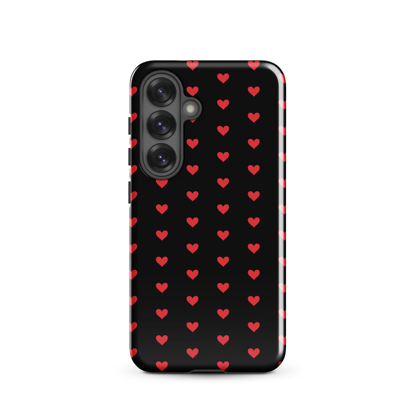 Phone Case for Samsung Galaxy with fiery red hearts on a black backdrop, offering stylish design and protection.
