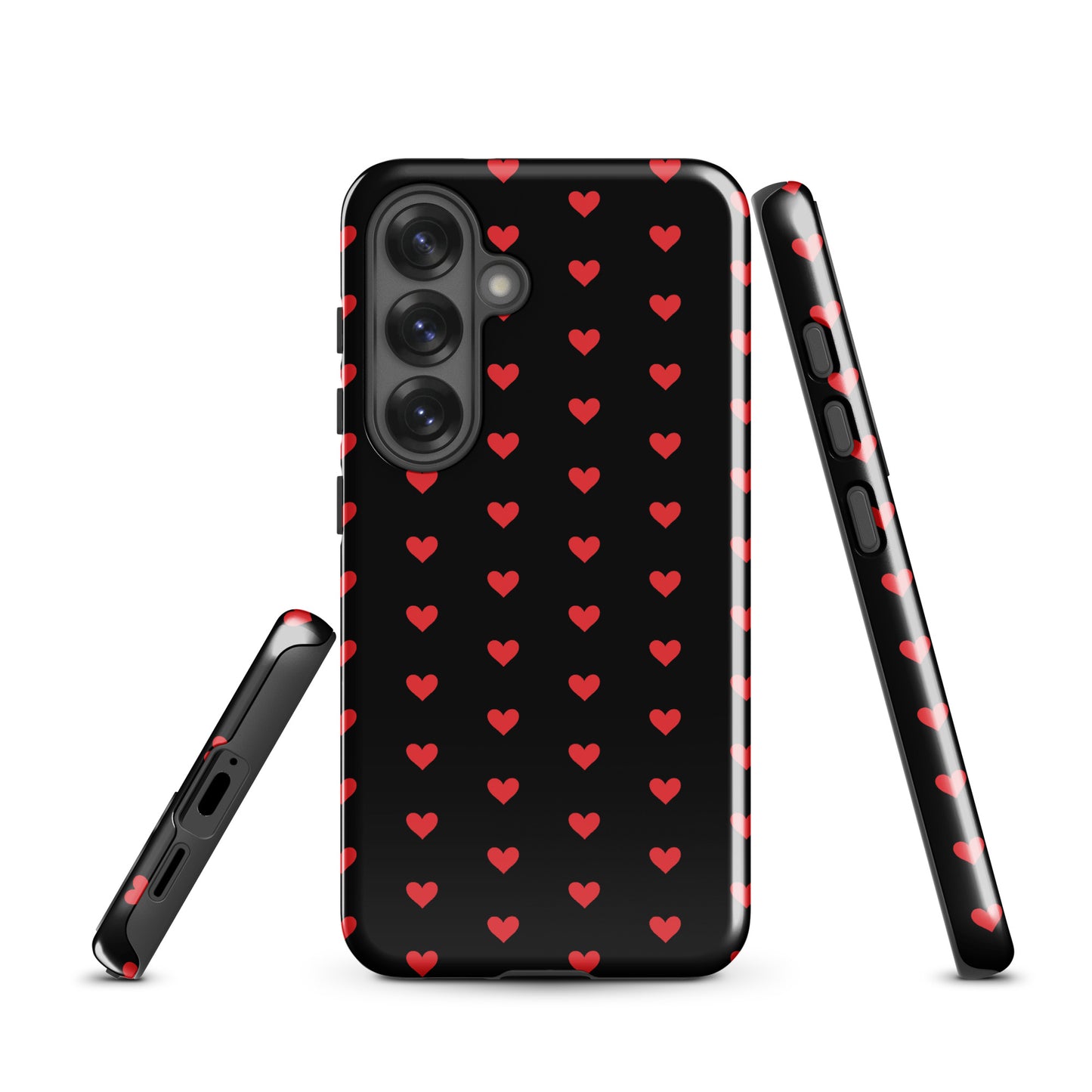 Phone Case for Samsung Galaxy with fiery red hearts on black background showcasing luxury design and durable protection.