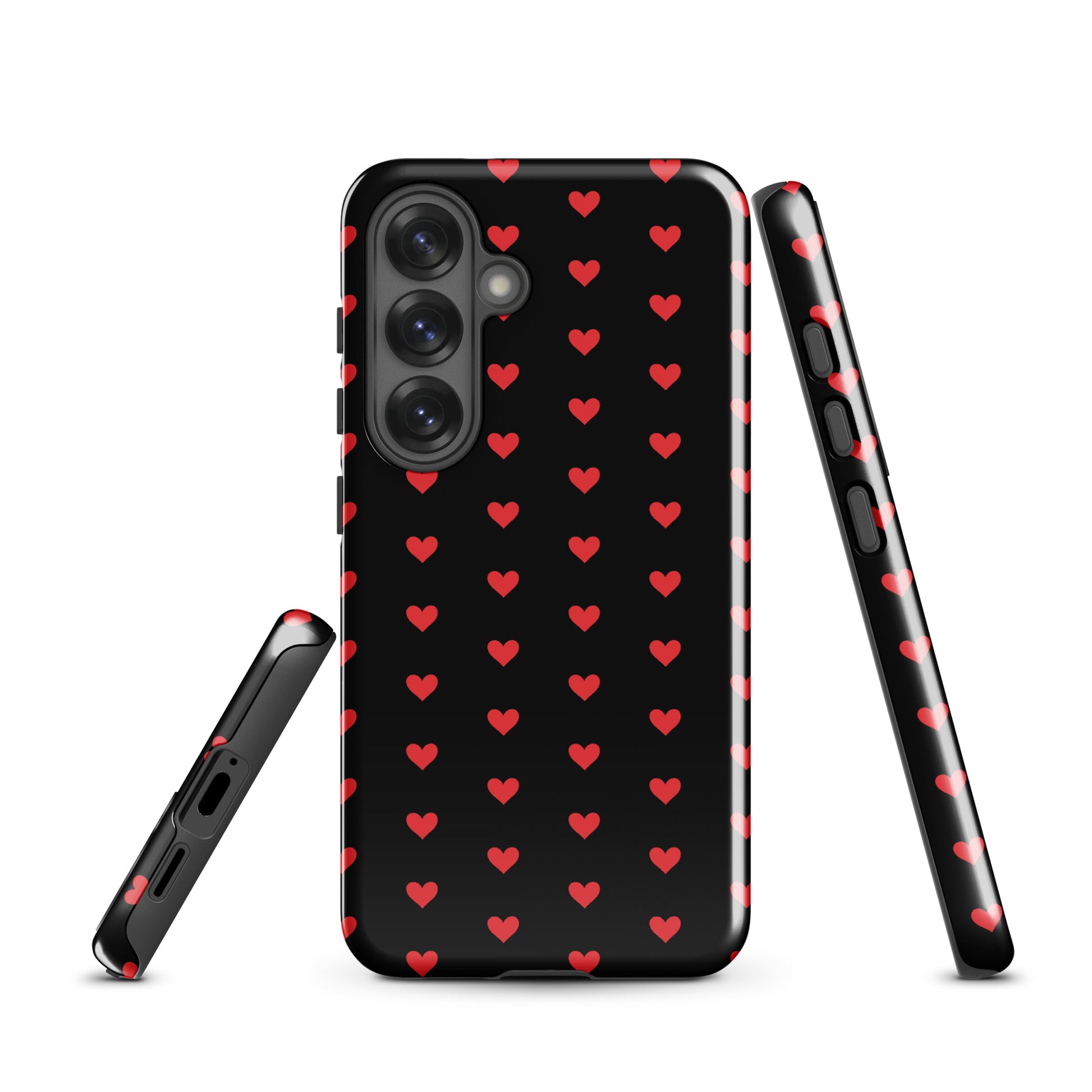 Phone Case for Samsung Galaxy with fiery red hearts on black background showcasing luxury design and durable protection.