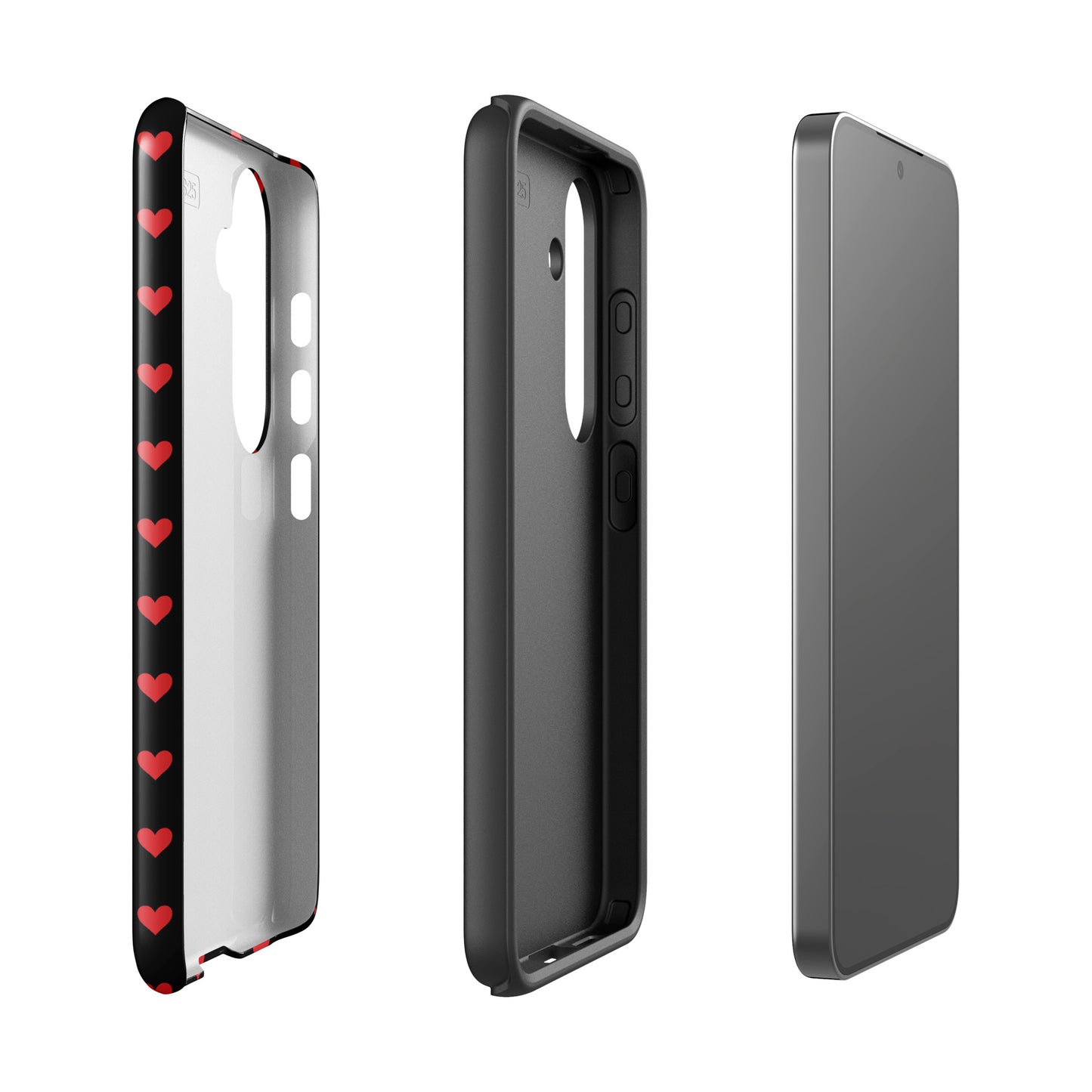 Phone Case for Samsung Galaxy with fiery red hearts pattern on black background, offering stylish protection and luxury design.