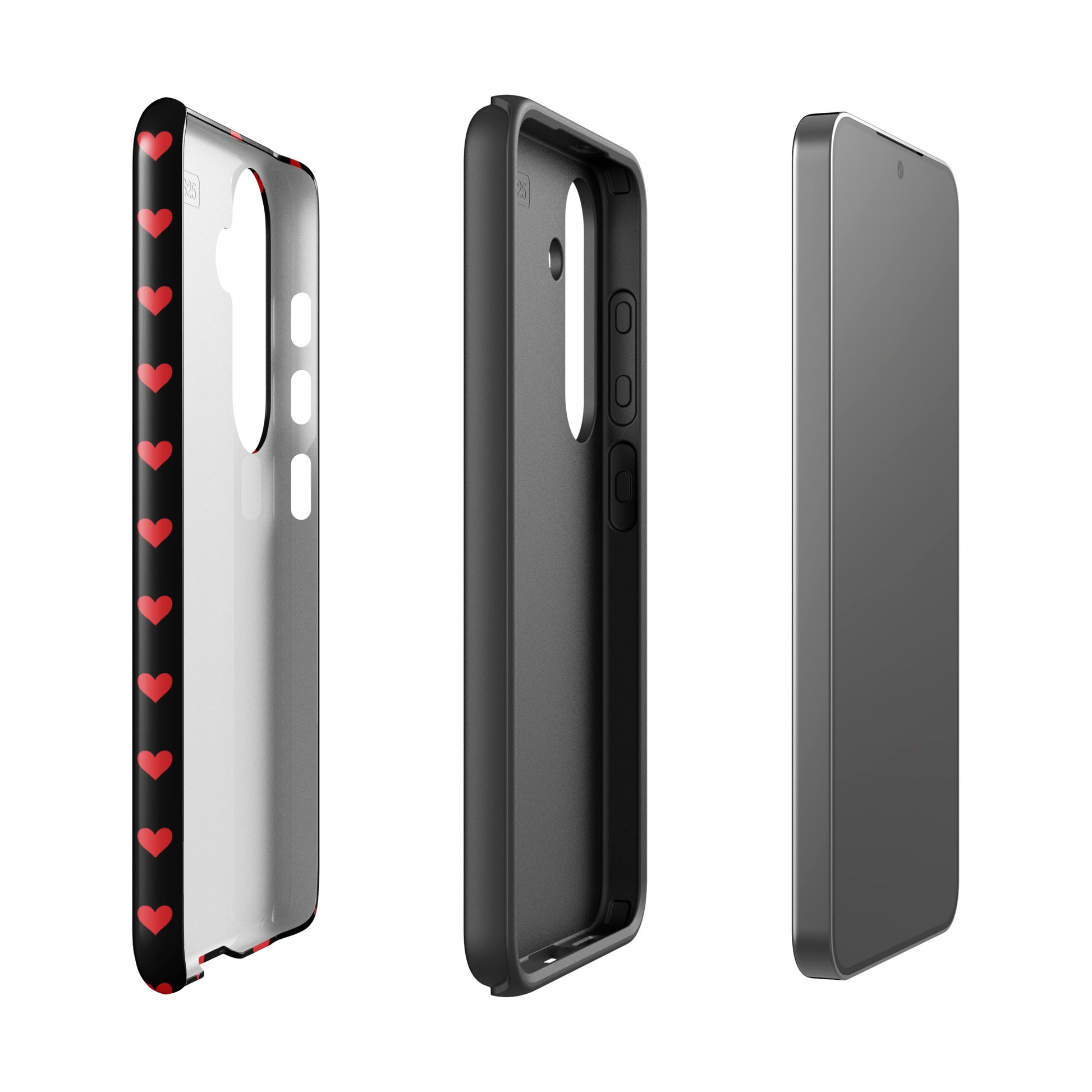 Phone Case for Samsung Galaxy with fiery red hearts pattern on black background, offering stylish protection and luxury design.