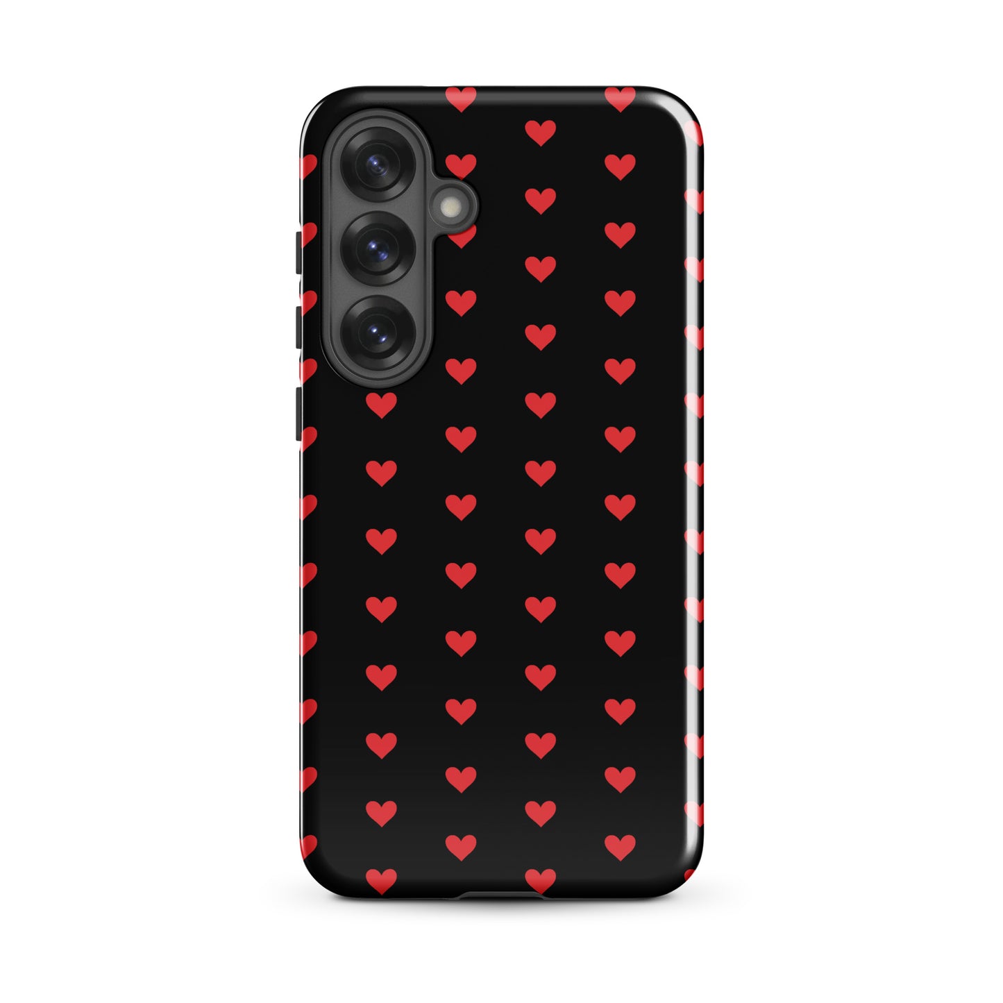 Phone Case with fiery red hearts design for Samsung Galaxy, showcasing luxury and durability on a sleek black background.