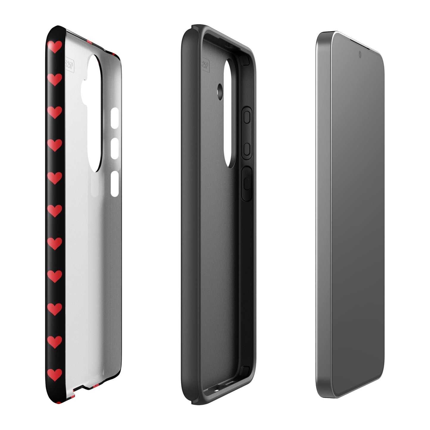 Phone Case for Samsung Galaxy with fiery red hearts design on black backdrop, shown in parts to highlight style and protection features.