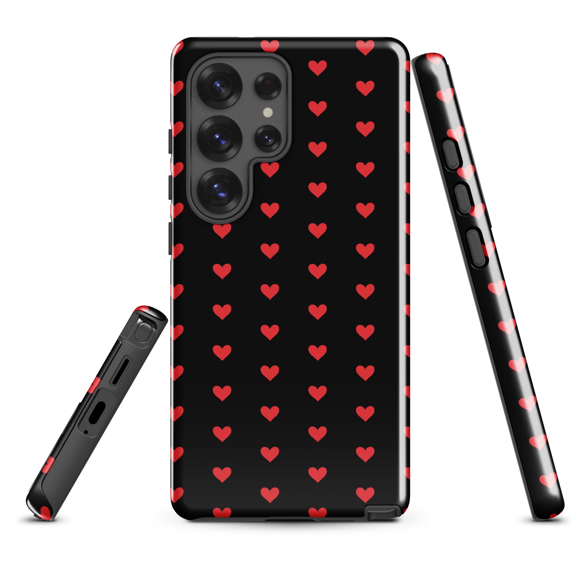 Phone Case for Samsung Galaxy with fiery red hearts on black background, luxury design and durable protection.