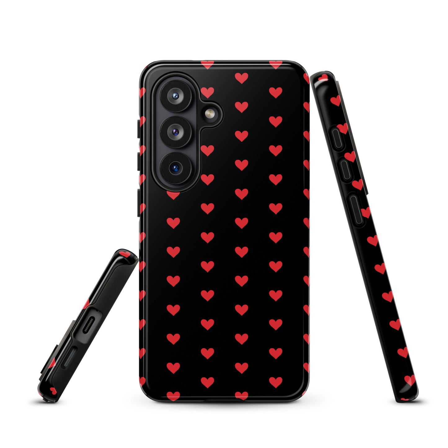 Phone Case for Samsung Galaxy with fiery red hearts on black background, offering style and durable protection.