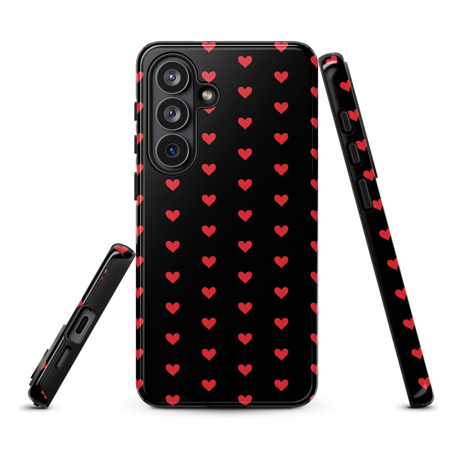 Phone Case with fiery red hearts for Samsung Galaxy - luxury and durable design on black backdrop.