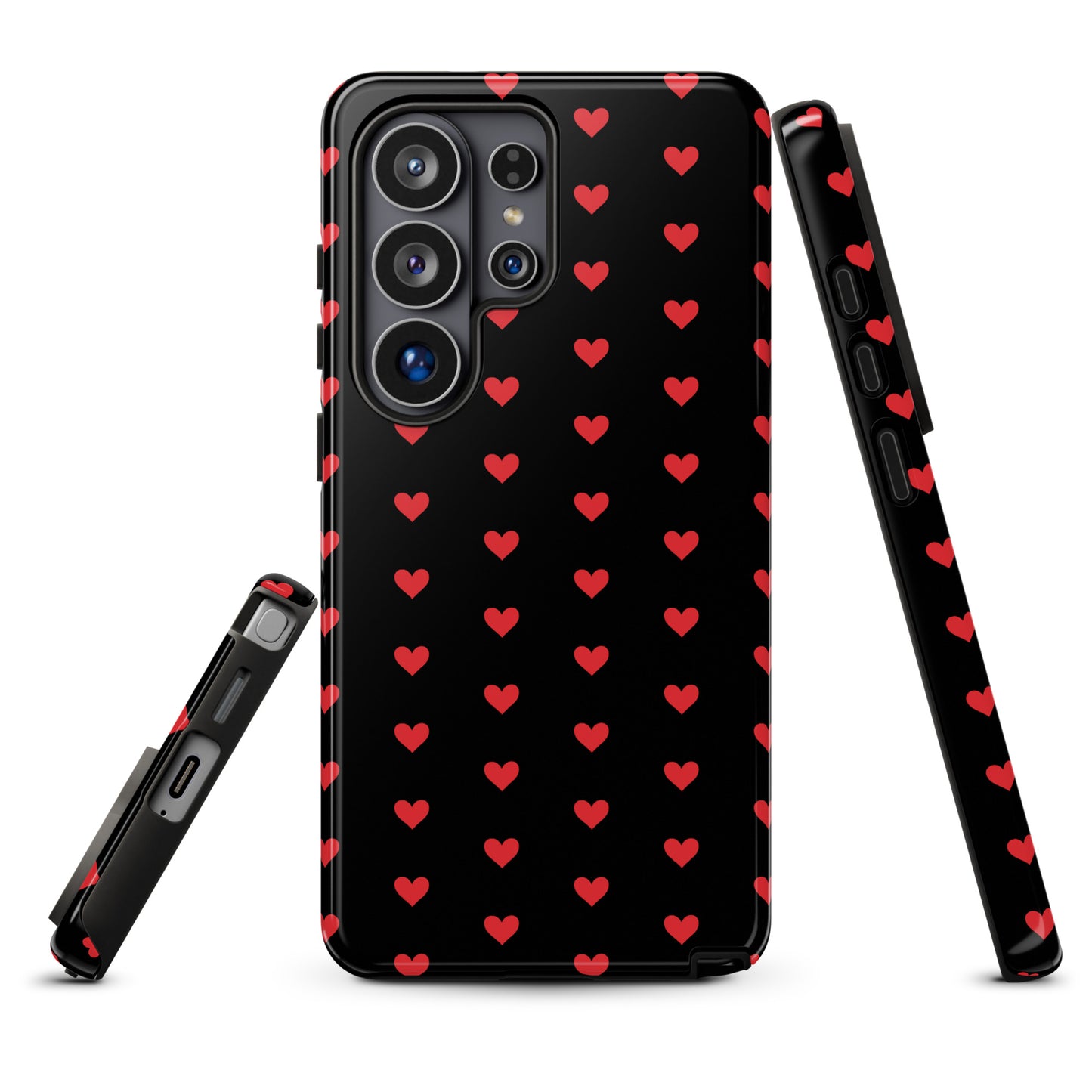 Phone Case for Samsung Galaxy with fiery red hearts design on black background