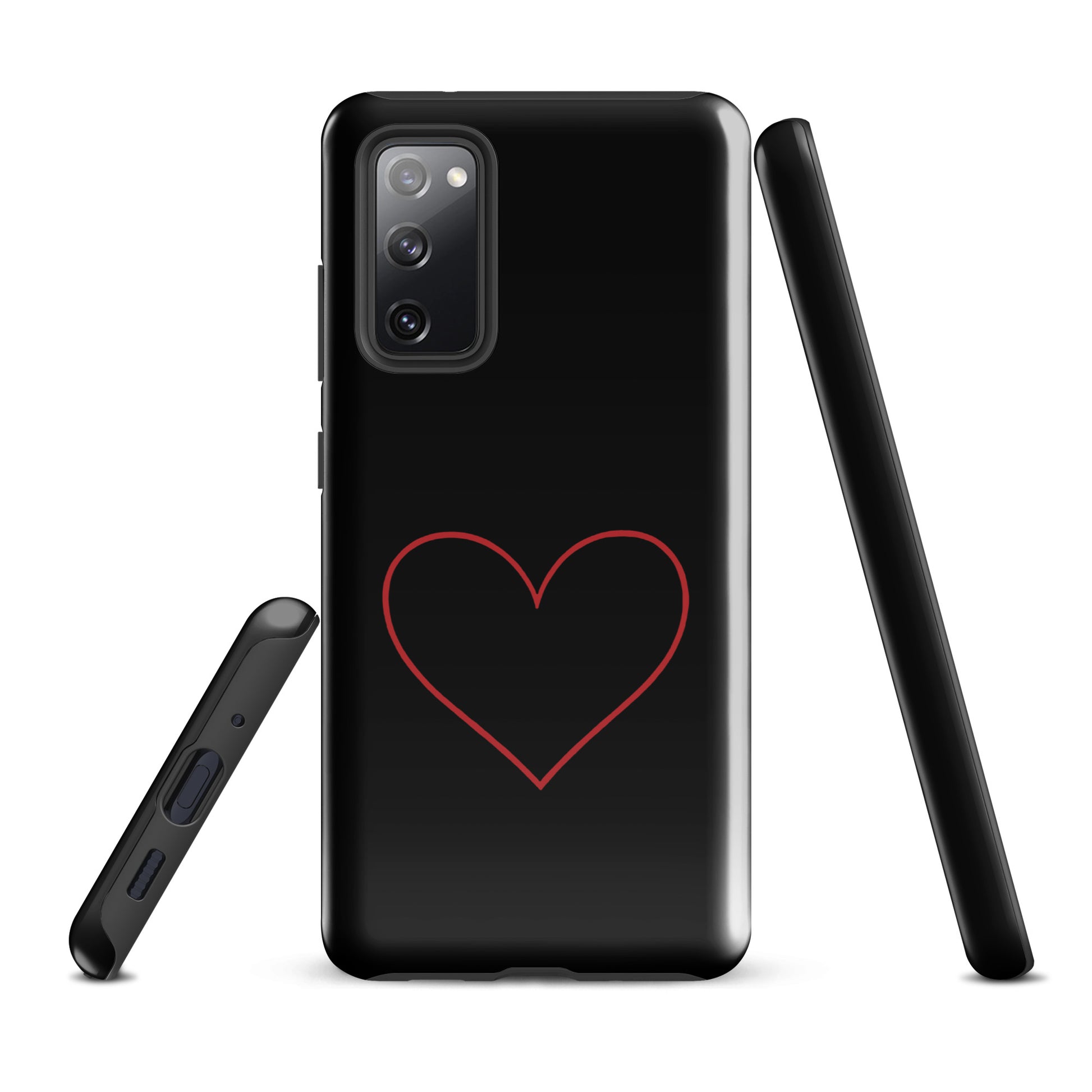 Phone Case for Samsung Galaxy with minimalist crimson heart design, featuring sleek black background and red heart outline.