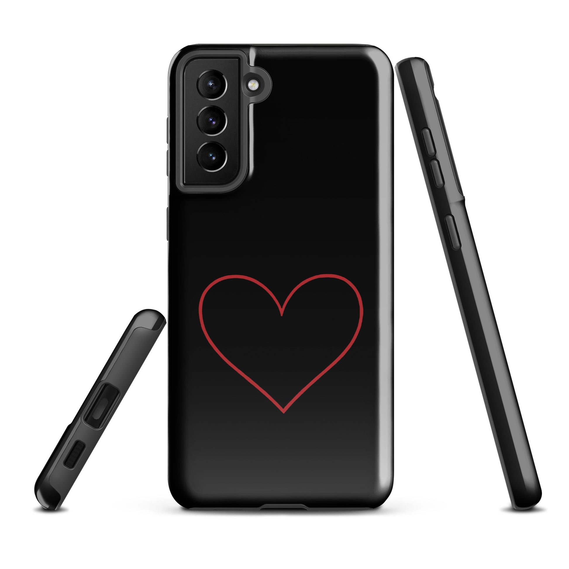 Phone Case for Samsung Galaxy with crimson heart design, minimalist style, sleek and modern aesthetic, bold red heart on sleek background