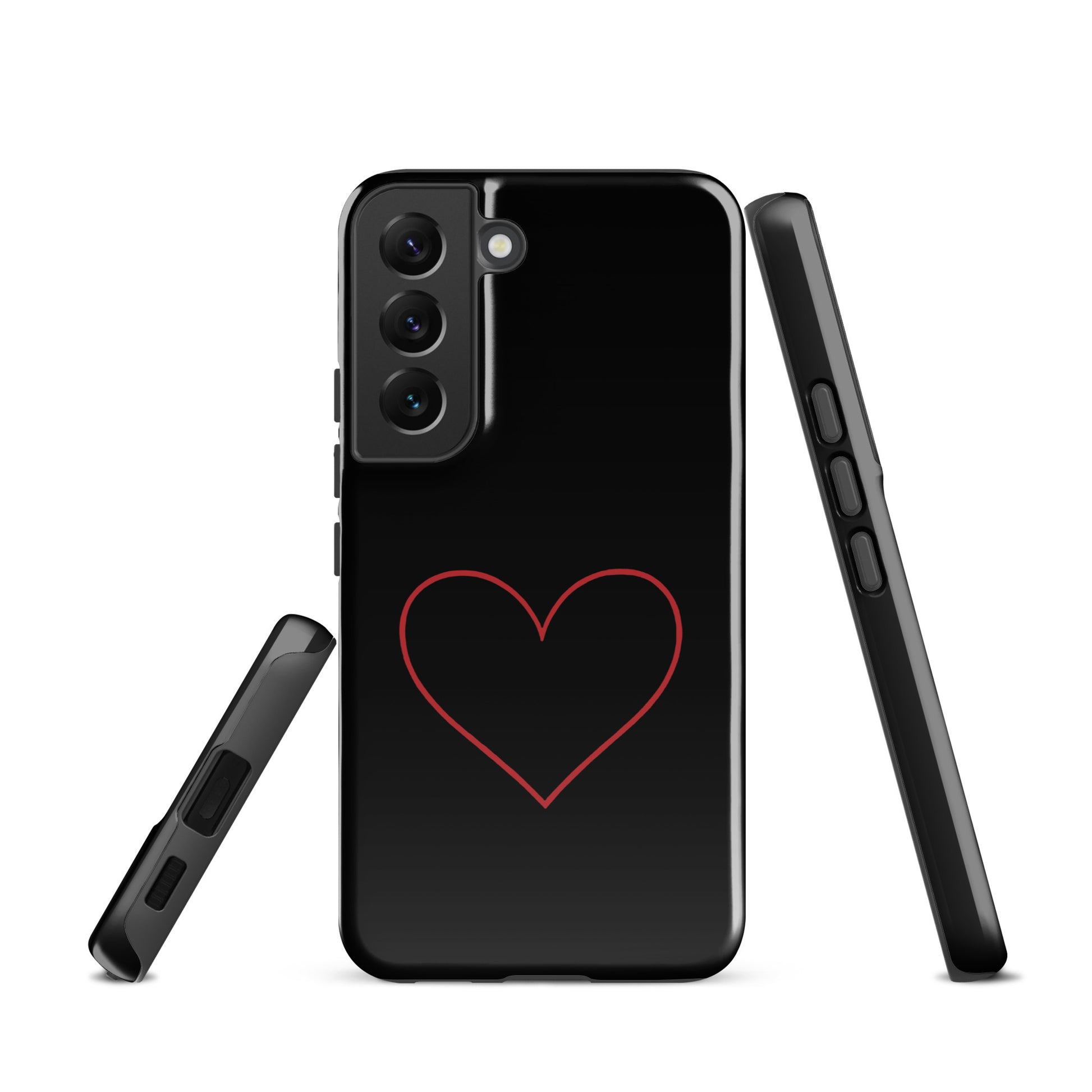 Phone Case for Samsung Galaxy with minimalist crimson heart design, featuring a sleek red heart on a black background.