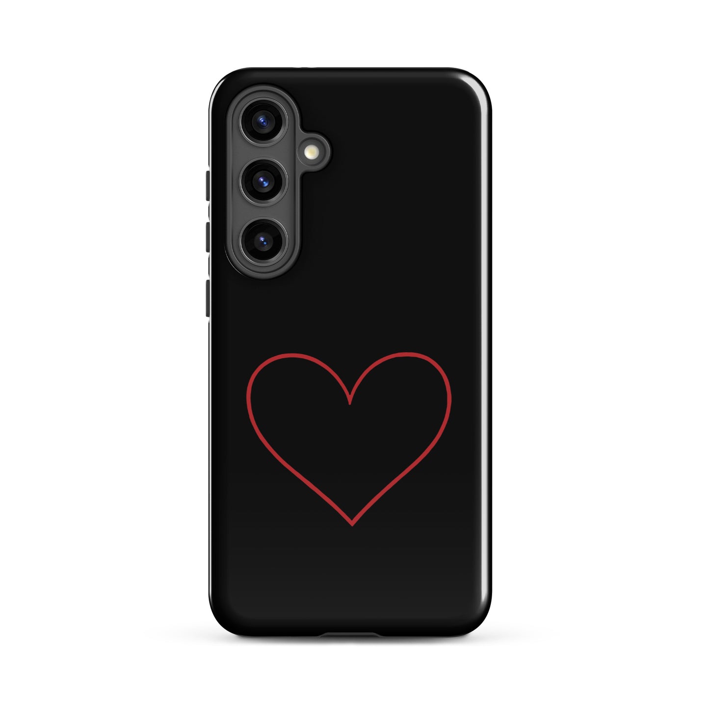 Phone Case for Samsung Galaxy with minimalist crimson heart design, featuring bold red heart on sleek black background.