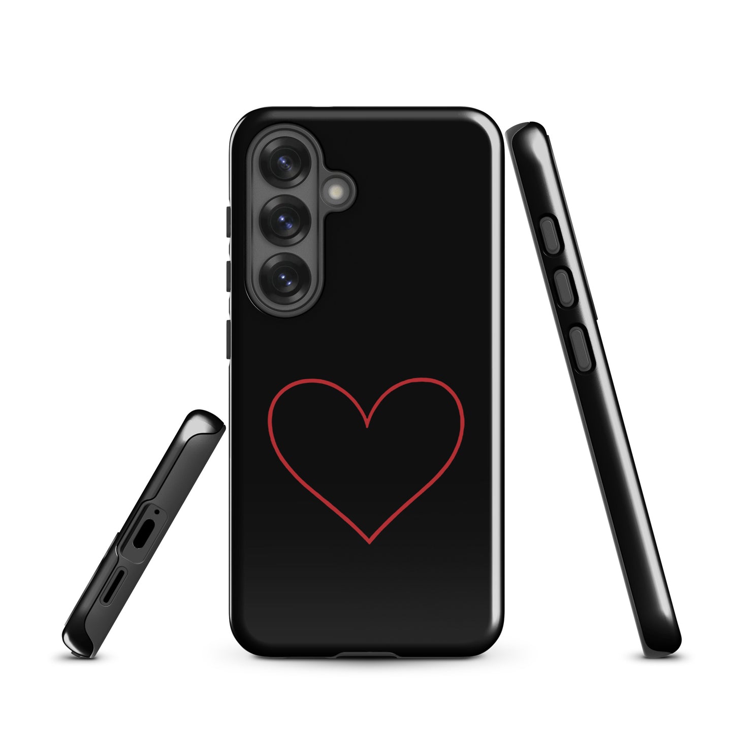 Phone Case for Samsung Galaxy with minimalist crimson heart design on sleek black background.
