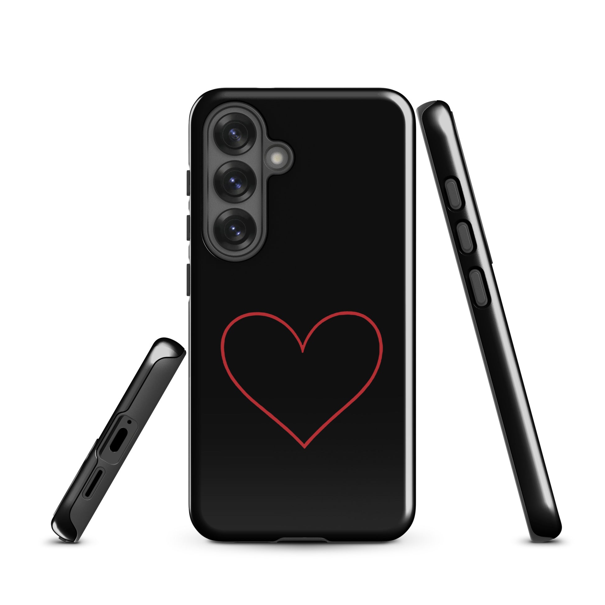 Phone Case for Samsung Galaxy with minimalist crimson heart design on sleek black background.