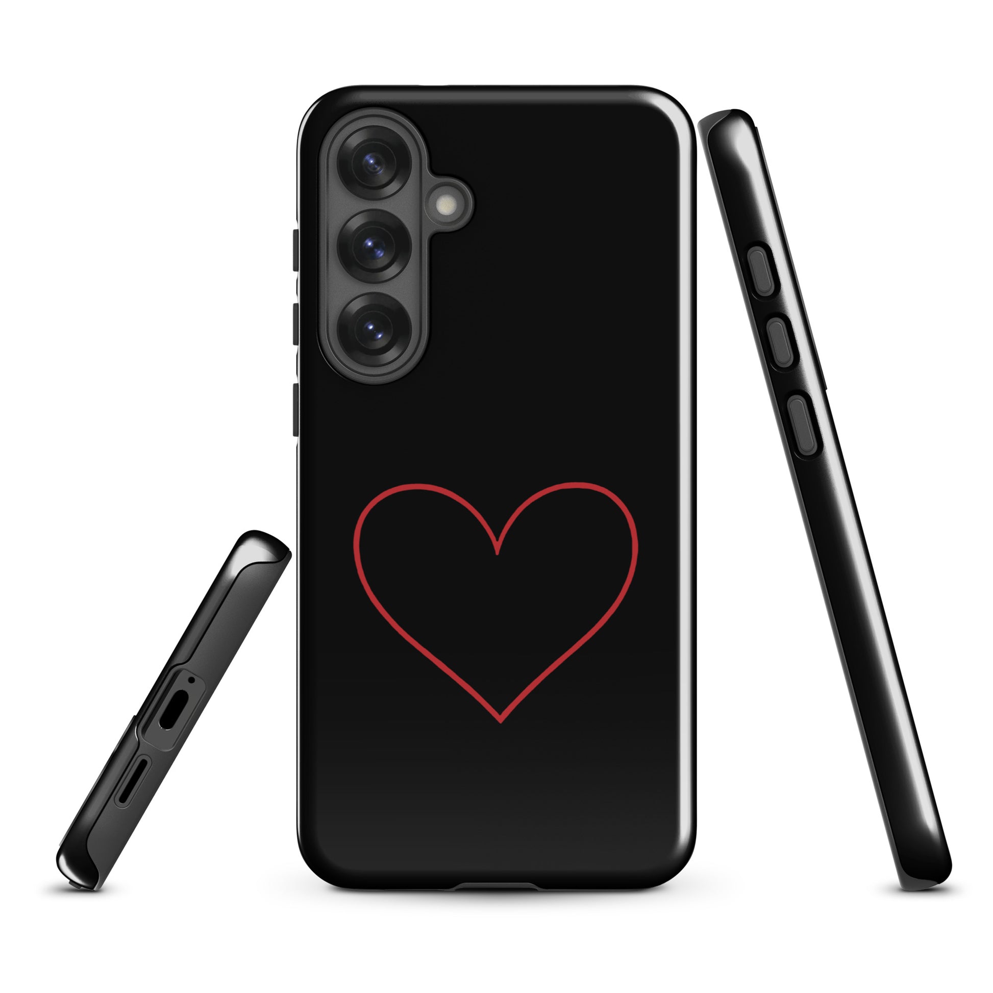Phone Case for Samsung Galaxy with crimson heart design, minimalist style showcasing a bold red heart on a sleek black background.