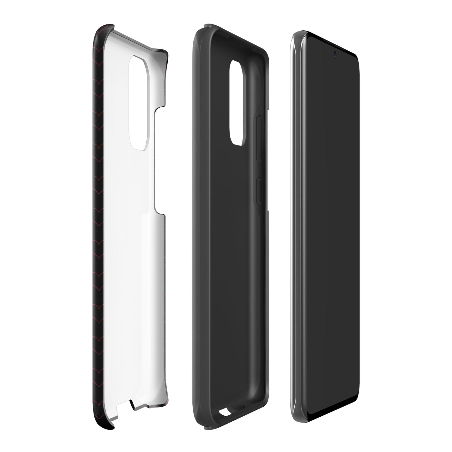 Phone Case for Samsung Galaxy with crimson heart pattern showcasing elegant design and modern style in three-piece view.