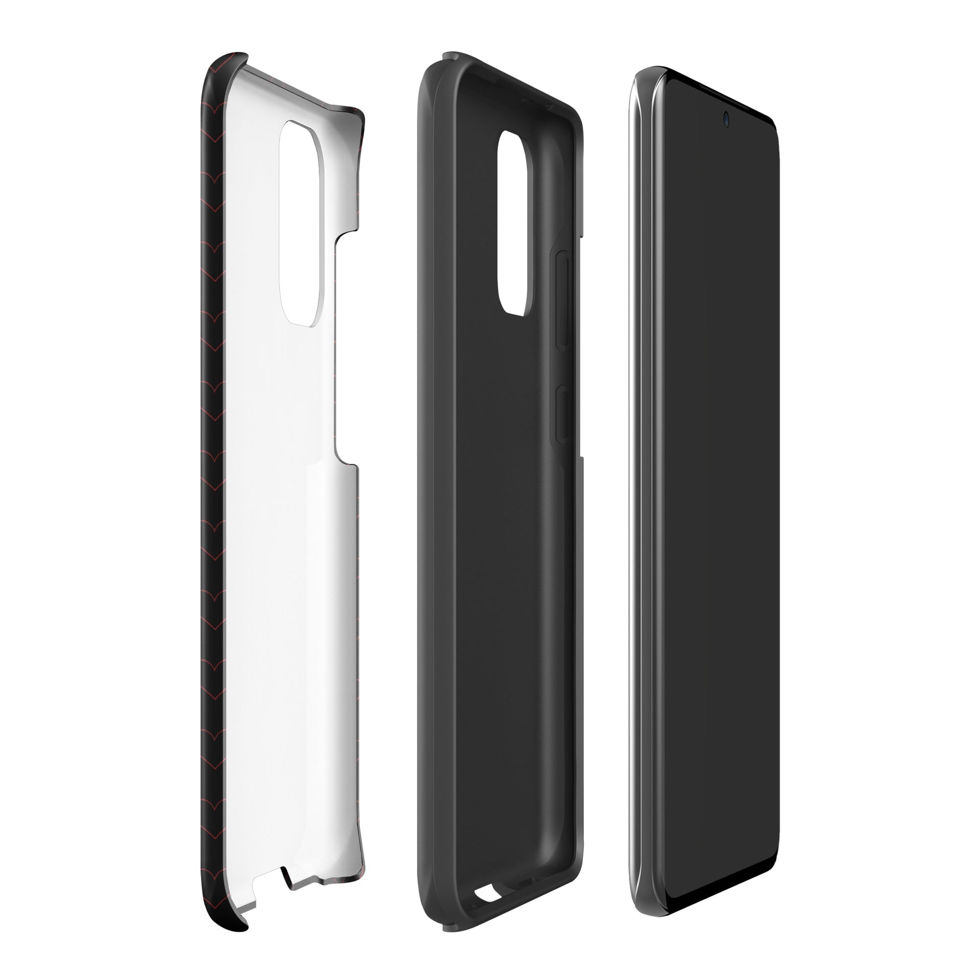 Phone Case for Samsung Galaxy with crimson heart pattern showcasing elegant design and modern style in three-piece view.