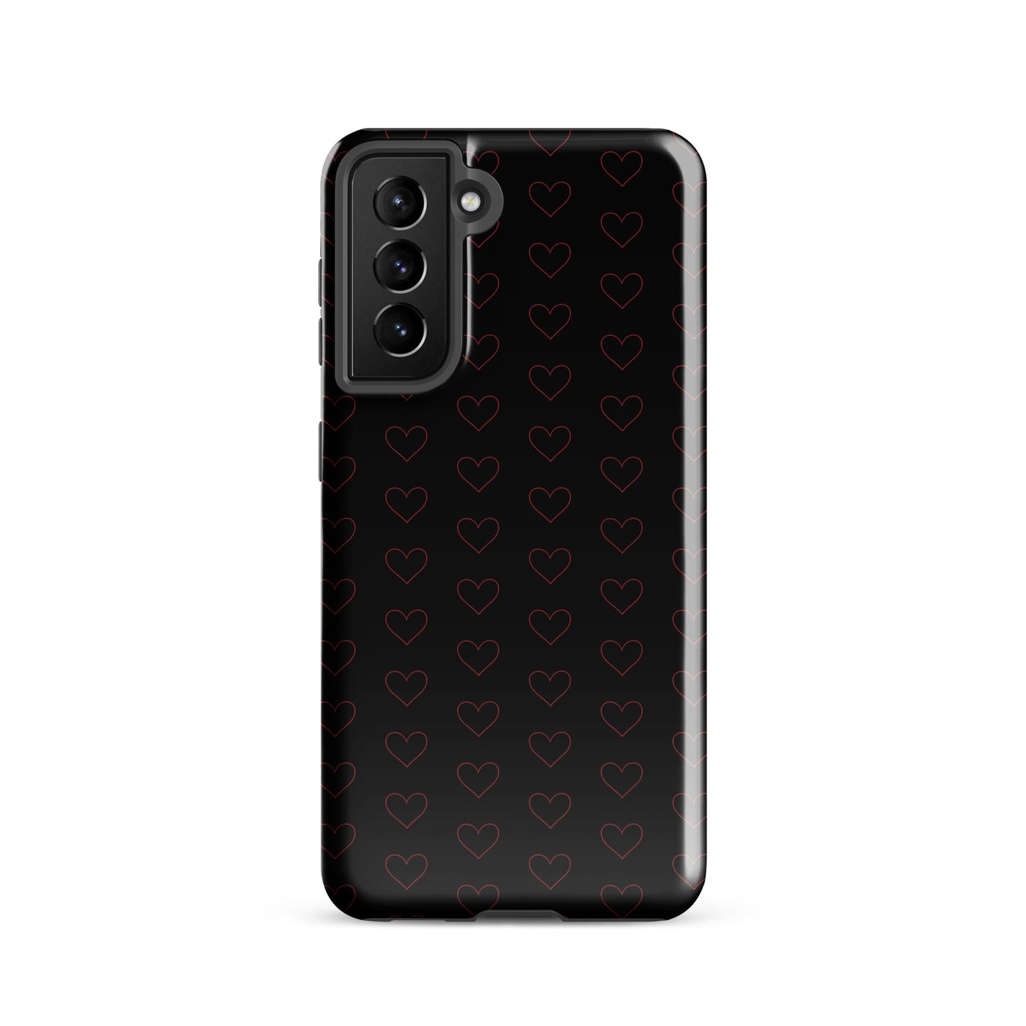 Phone Case for Samsung Galaxy with crimson heart pattern, elegant design with minimalist crimson outlines on a black background.