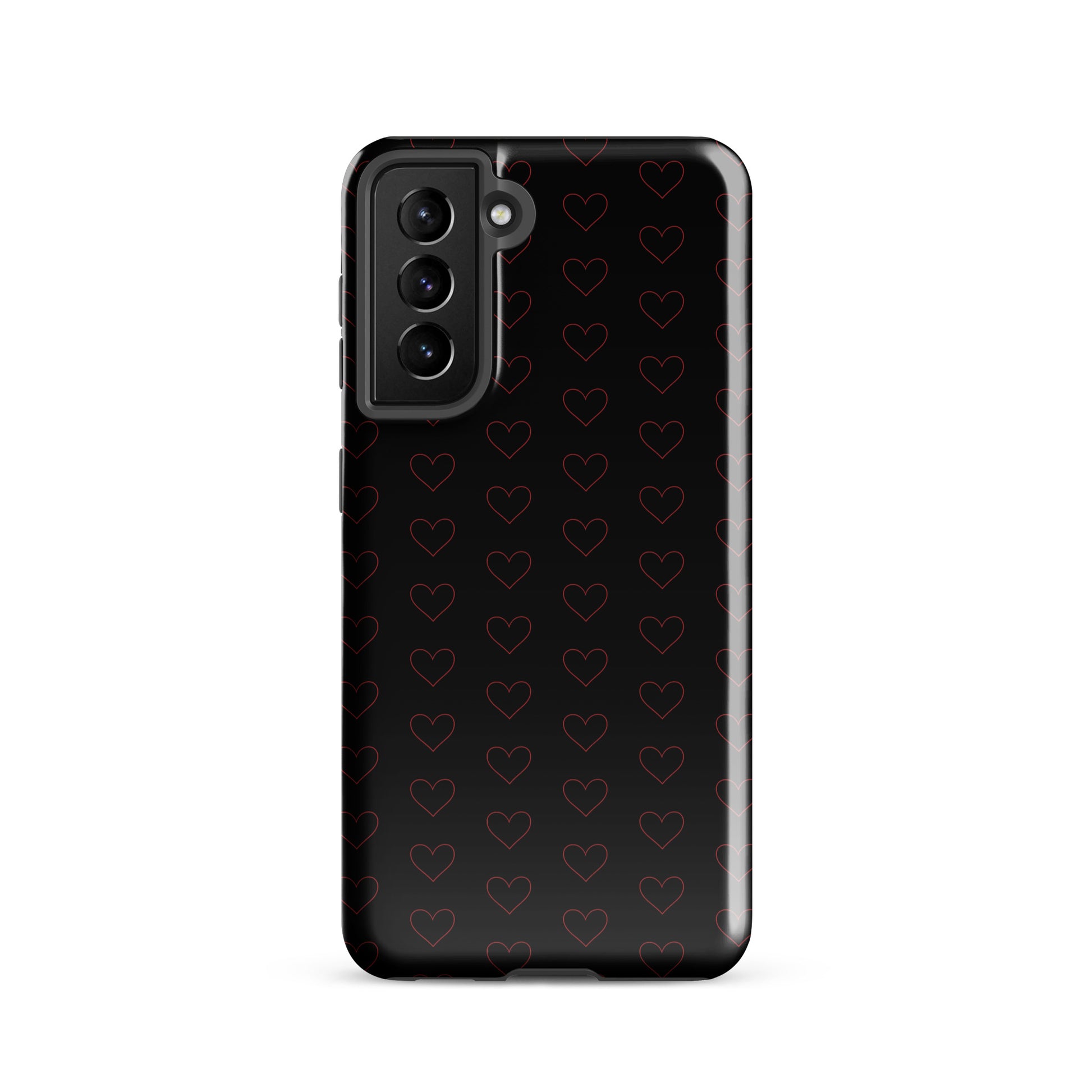 Phone Case for Samsung Galaxy with crimson heart pattern, elegant design with minimalist crimson outlines on a black background.