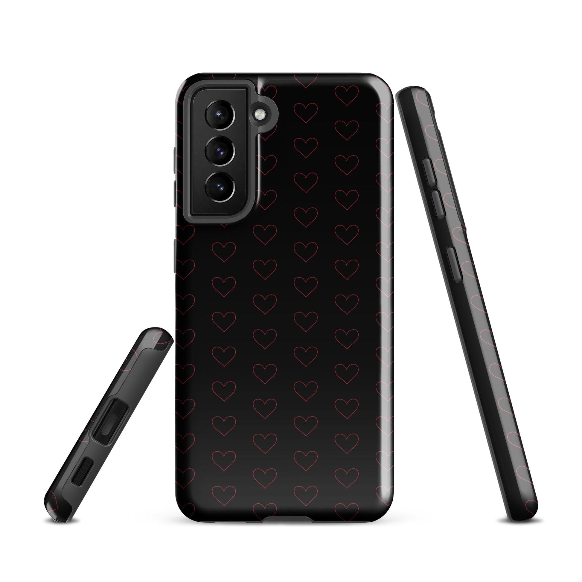 Phone Case for Samsung Galaxy with crimson heart pattern, showcasing elegant and modern design with minimalist crimson outlines.