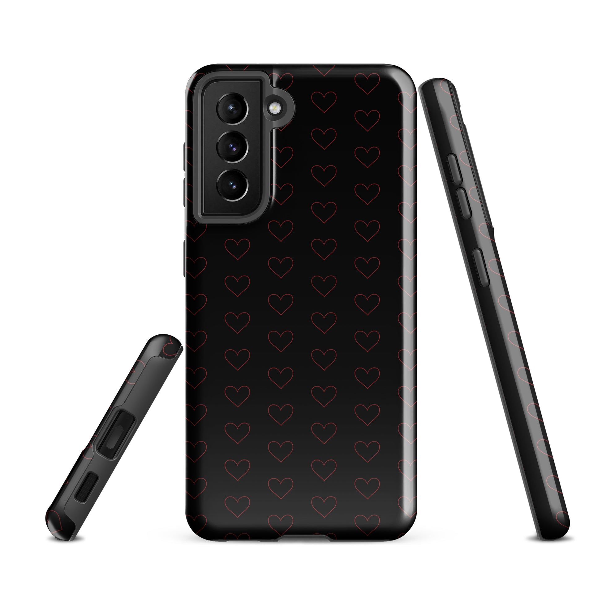 Phone Case for Samsung Galaxy with crimson heart pattern, stylish and elegant design, back and side view.