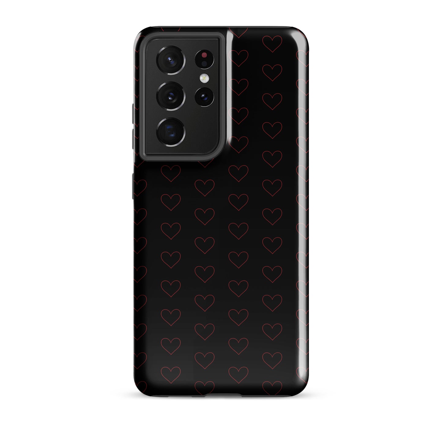 Phone Case with crimson heart pattern for Samsung Galaxy, sleek design with elegant minimalist hearts on a glossy black background.