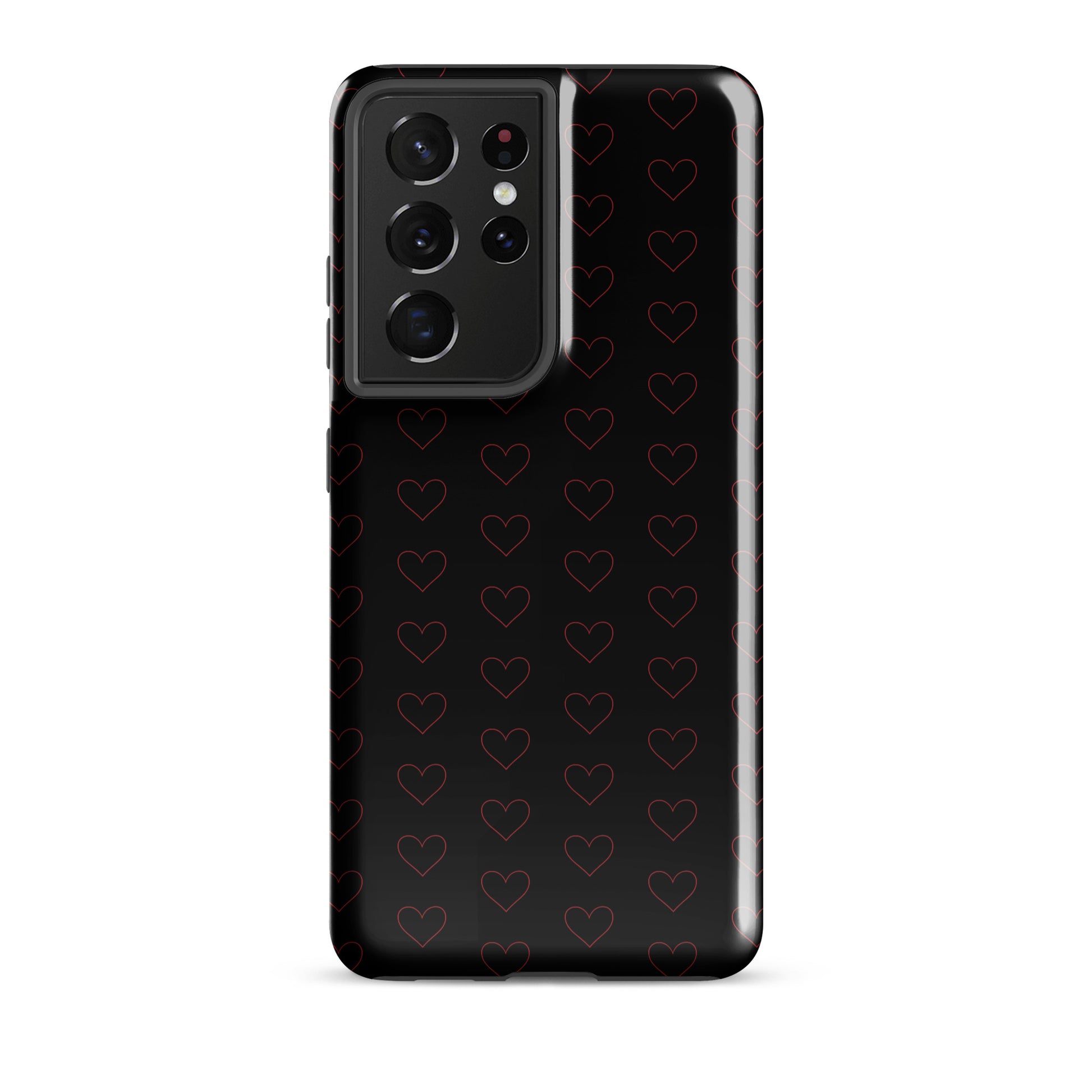 Phone Case with crimson heart pattern for Samsung Galaxy, sleek design with elegant minimalist hearts on a glossy black background.