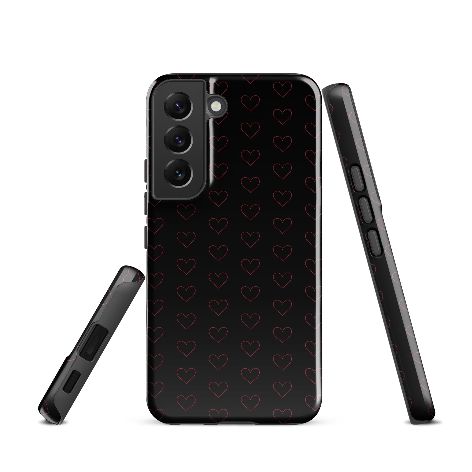 Phone Case for Samsung Galaxy with crimson heart pattern, elegant and stylish design featuring minimalist red heart outlines.